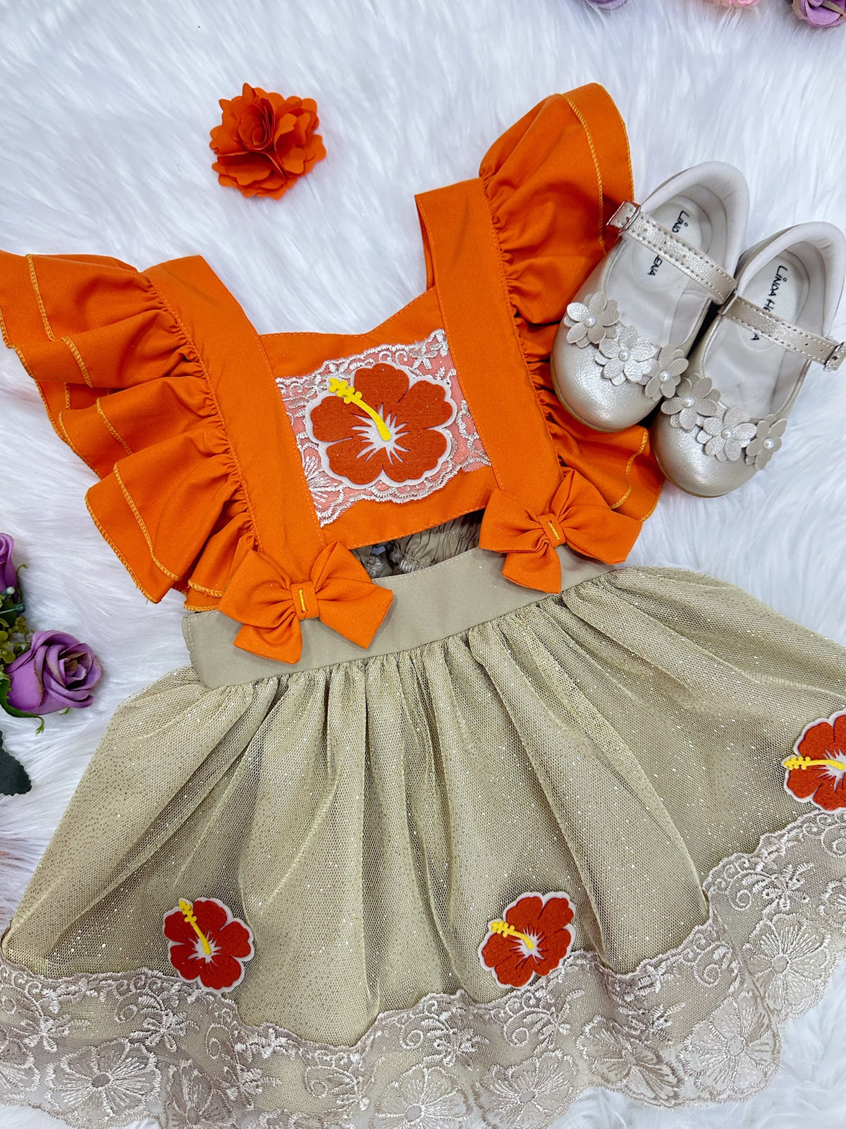 Romper Moana Laranja Glitter Festas Super Luxo