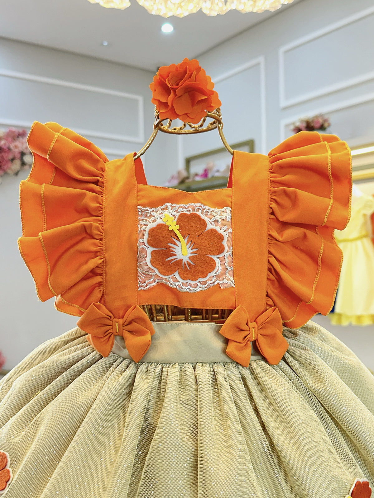 Romper Moana Laranja Glitter Festas Super Luxo