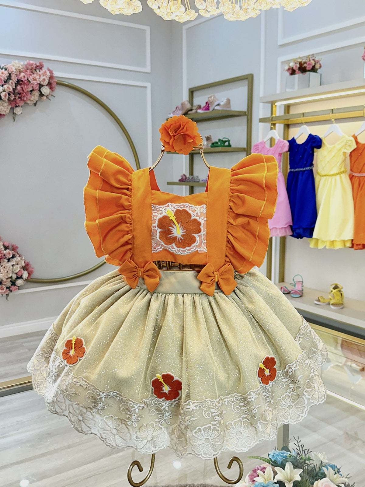 Romper Moana Laranja Glitter Festas Super Luxo