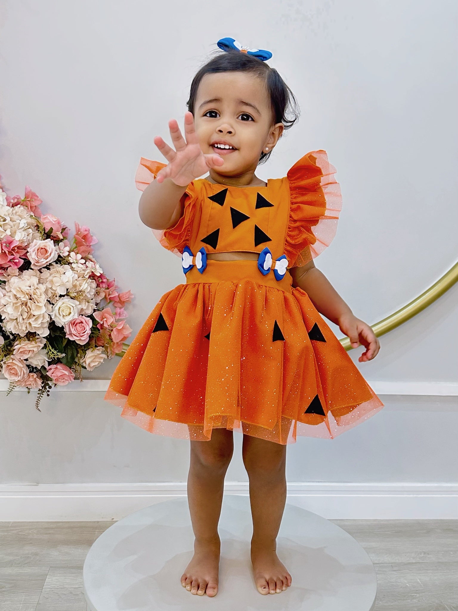 Romper Pedrita Flintstone Laranja Glitter Festas Luxo