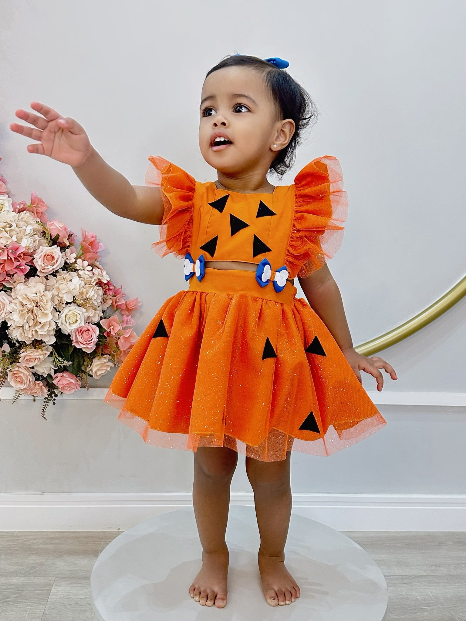 Romper Pedrita Flintstone Laranja Glitter Festas Luxo