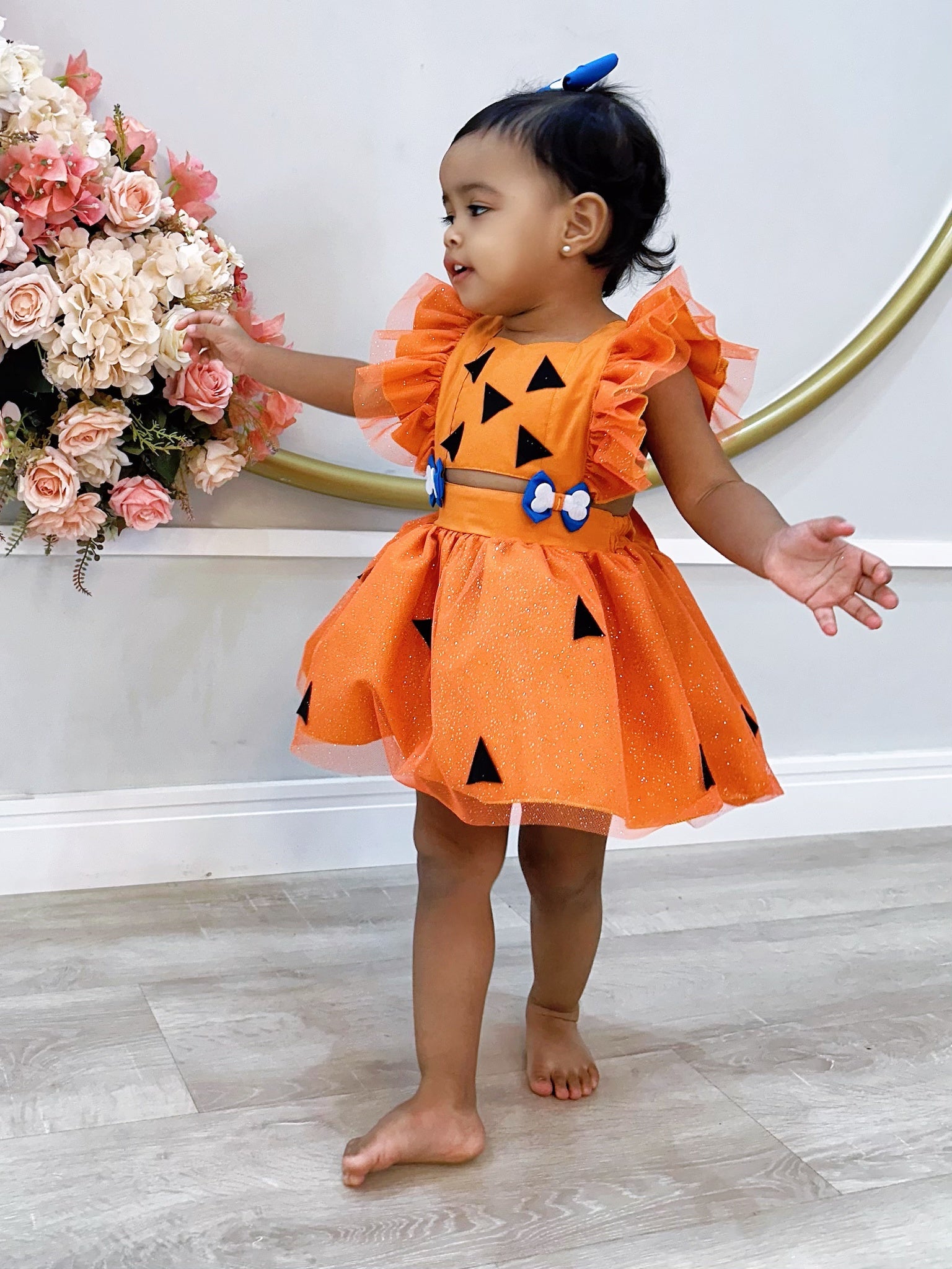 Romper Pedrita Flintstone Laranja Glitter Festas Luxo