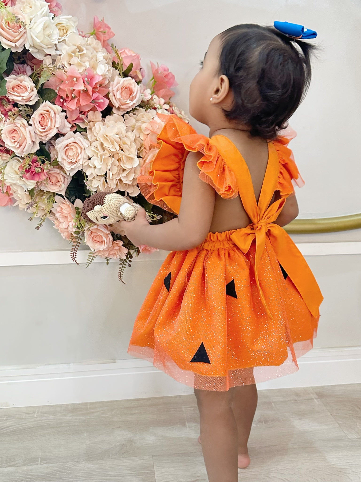 Romper Pedrita Flintstone Laranja Glitter Festas Luxo