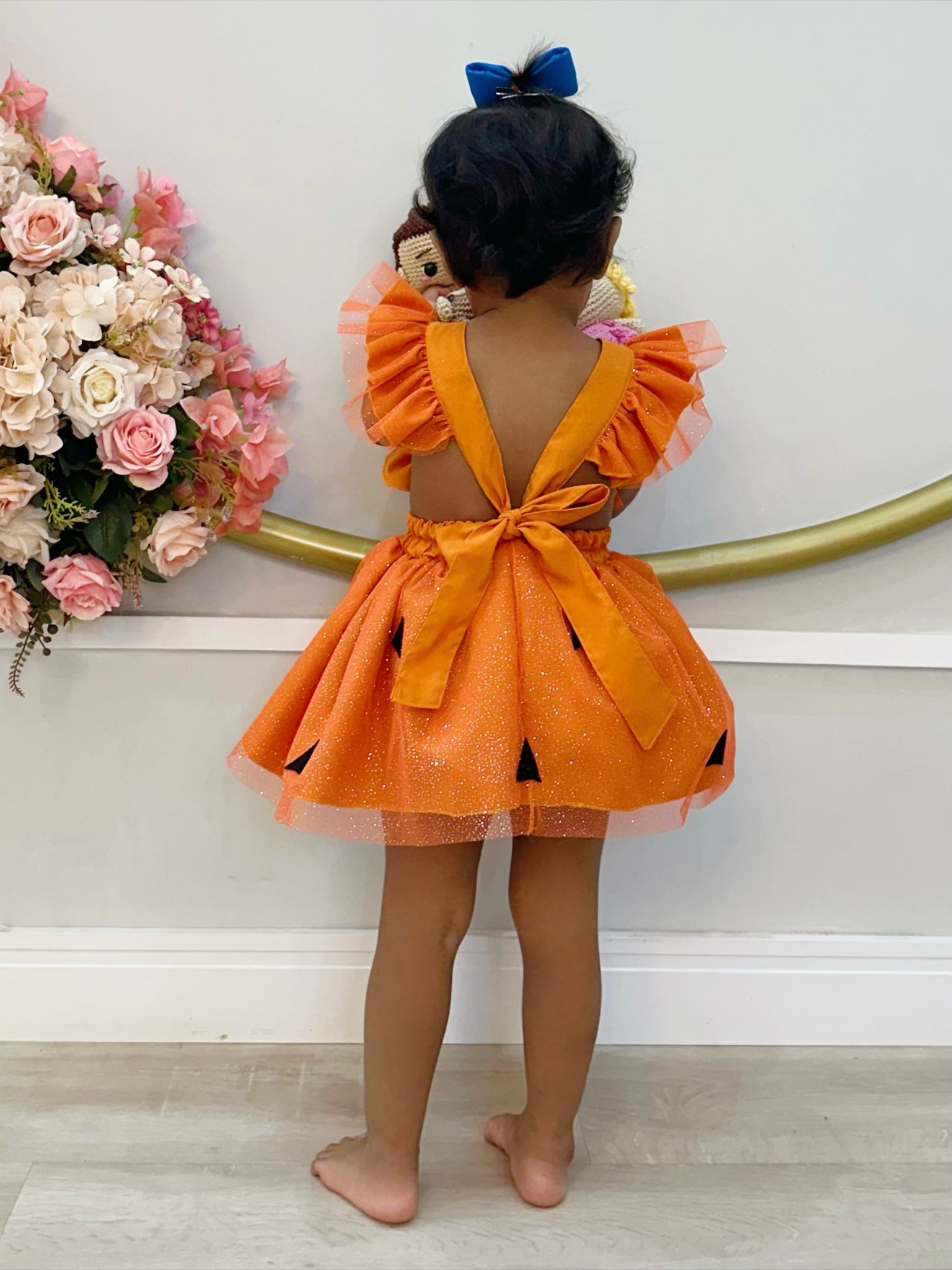 Romper Pedrita Flintstone Laranja Glitter Festas Luxo