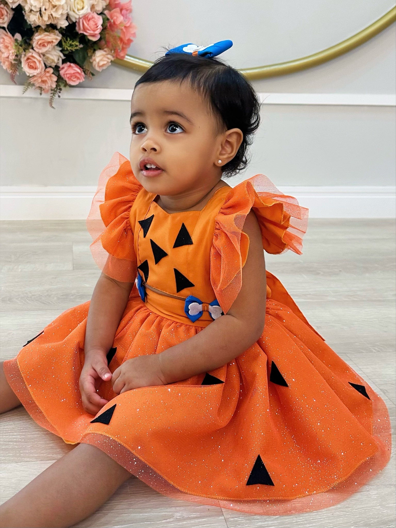 Romper Pedrita Flintstone Laranja Glitter Festas Luxo