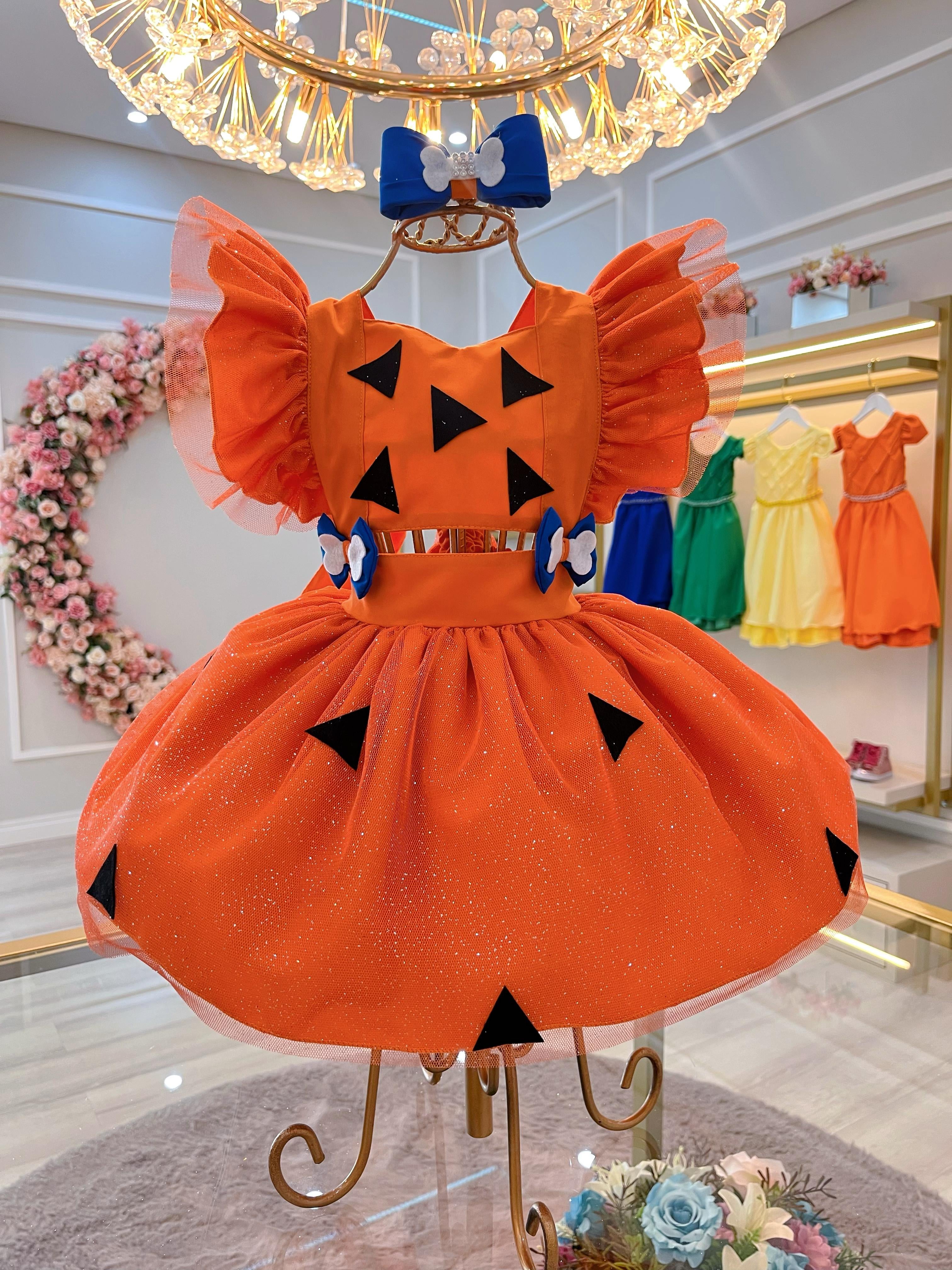 Romper Pedrita Flintstone Laranja Glitter Festas Luxo