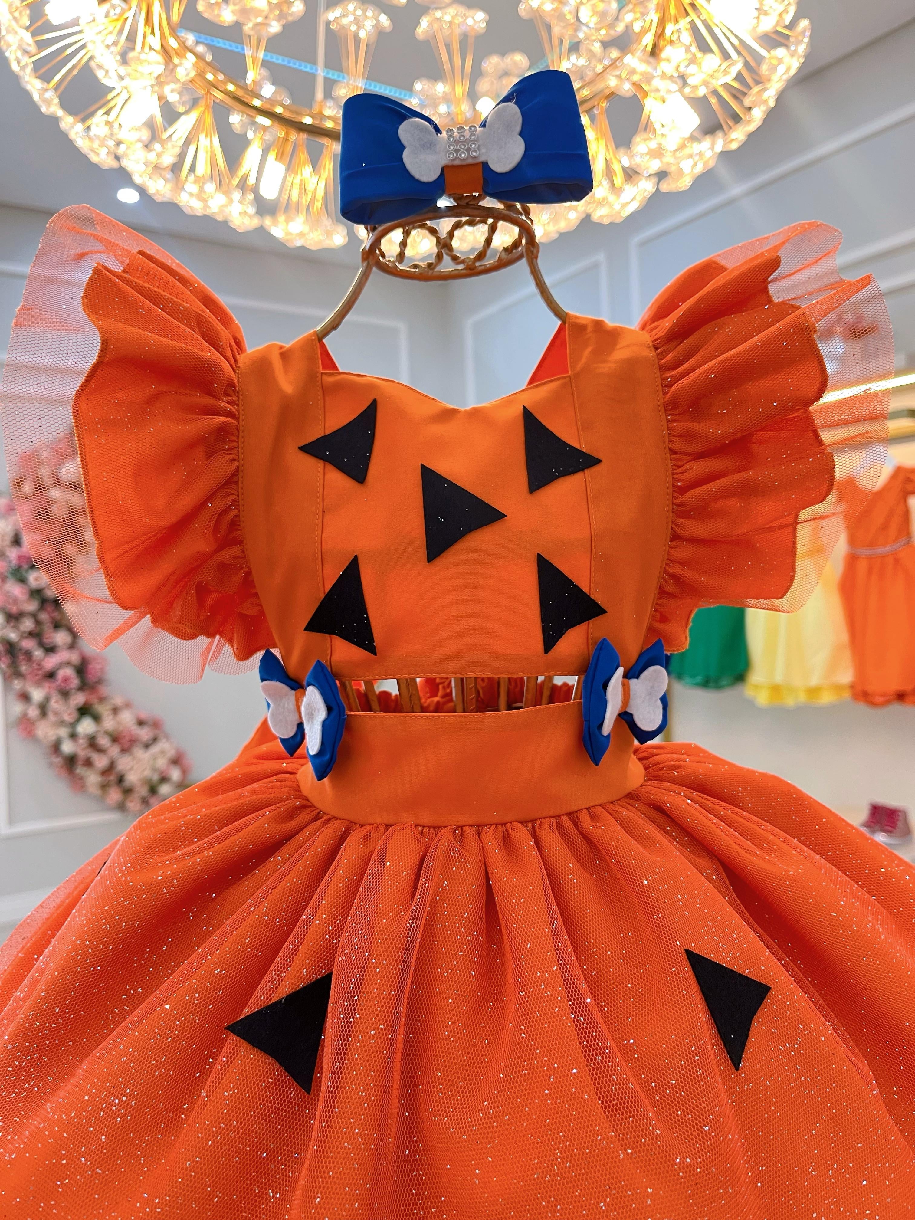 Romper Pedrita Flintstone Laranja Glitter Festas Luxo