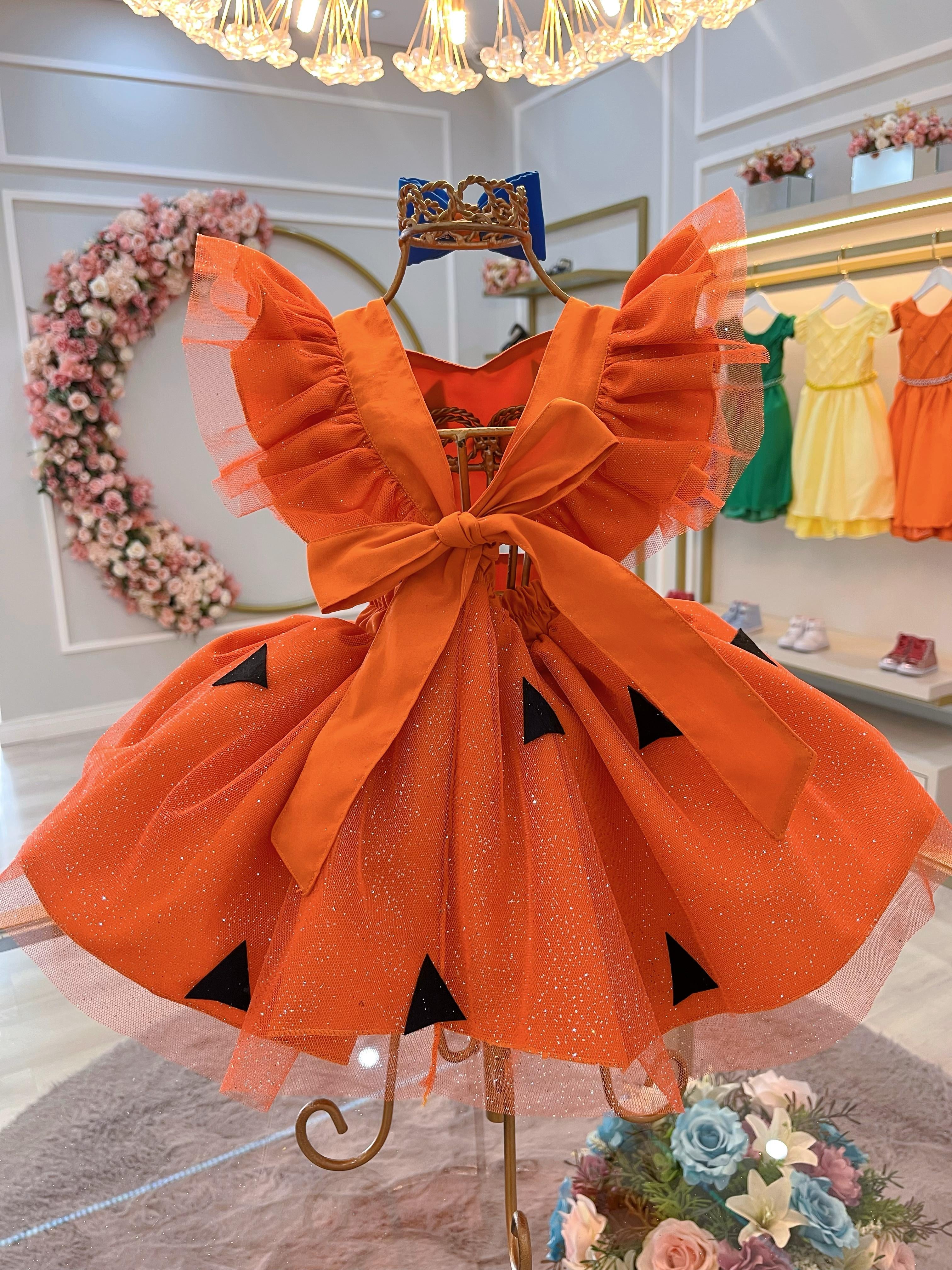 Romper Pedrita Flintstone Laranja Glitter Festas Luxo