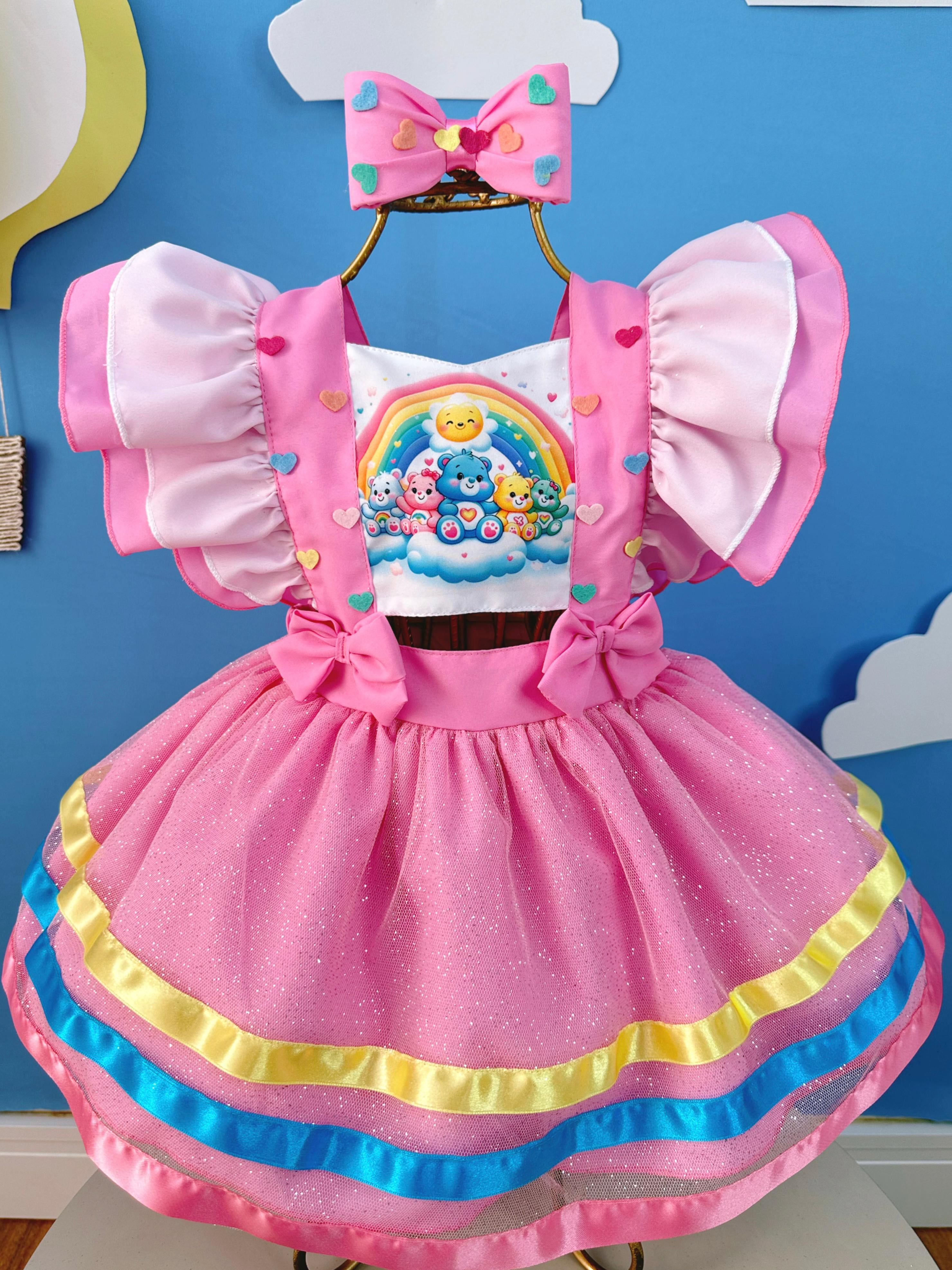 Romper Ursinhos Carinhosos Rosa C/ Laço Festas Luxo