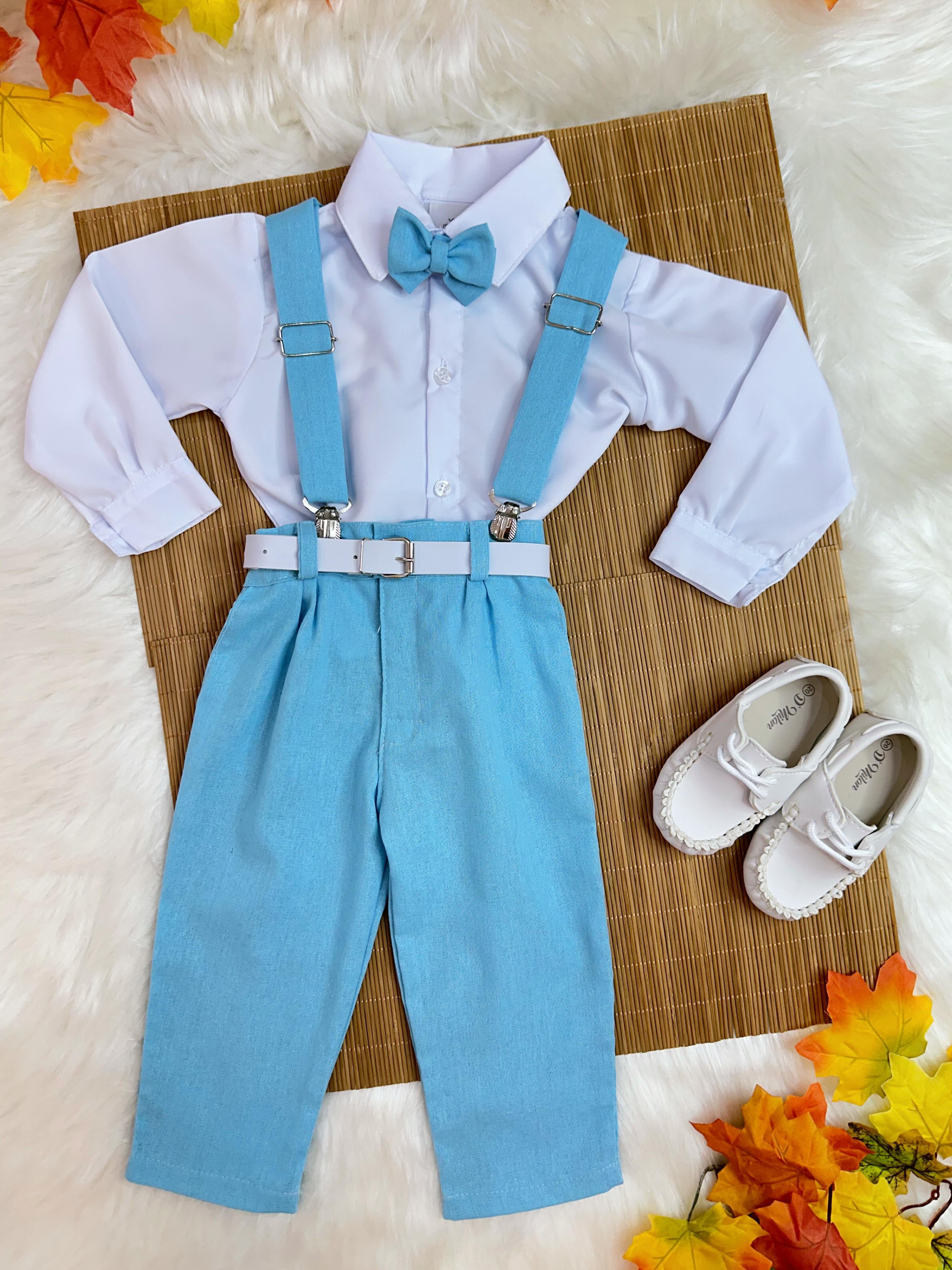 Conjunto Infantil Camisa Branca C/ Calça Susp. e Gravata Azul