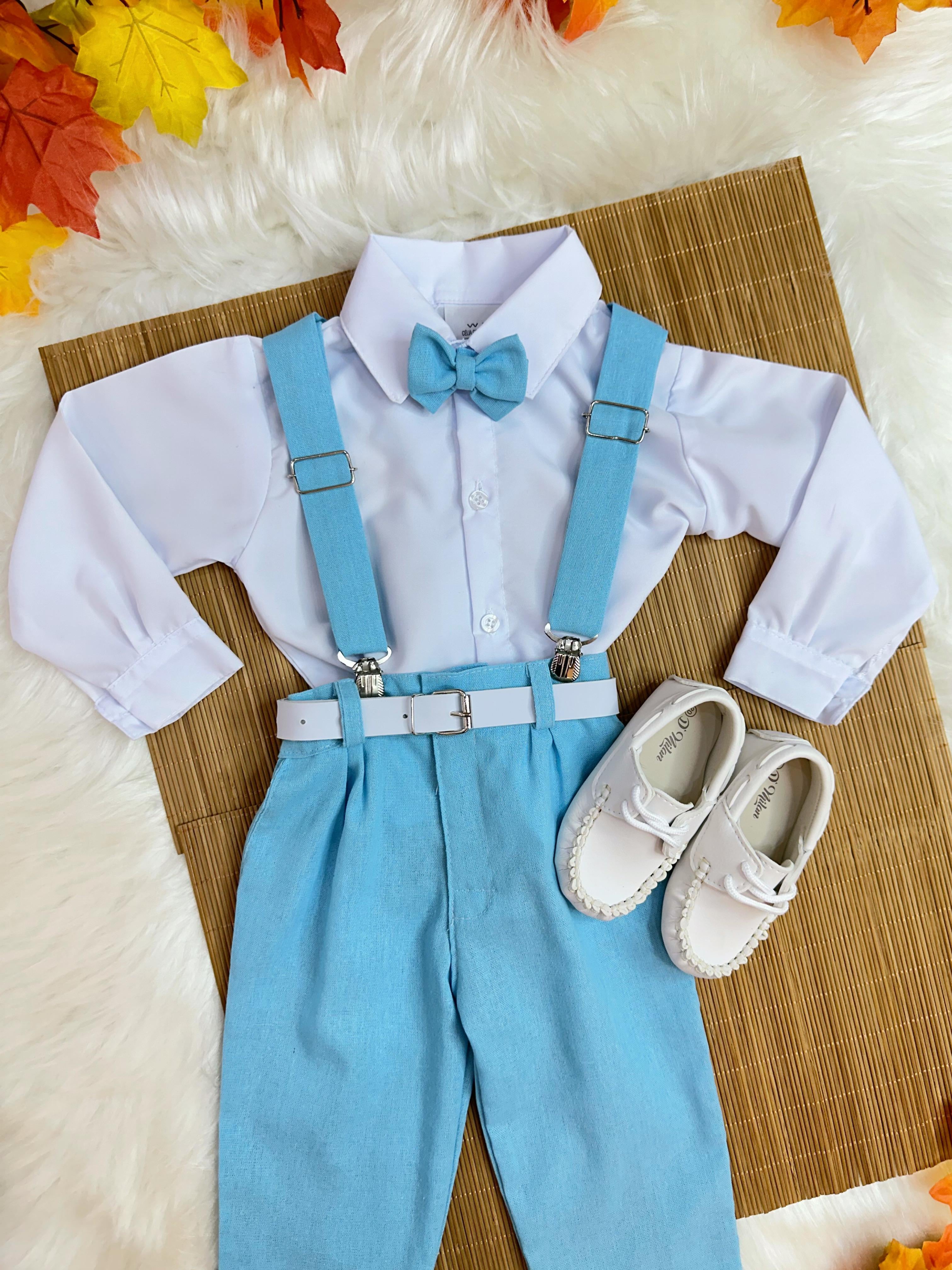 Conjunto Infantil Camisa Branca C/ Calça Susp. e Gravata Azul