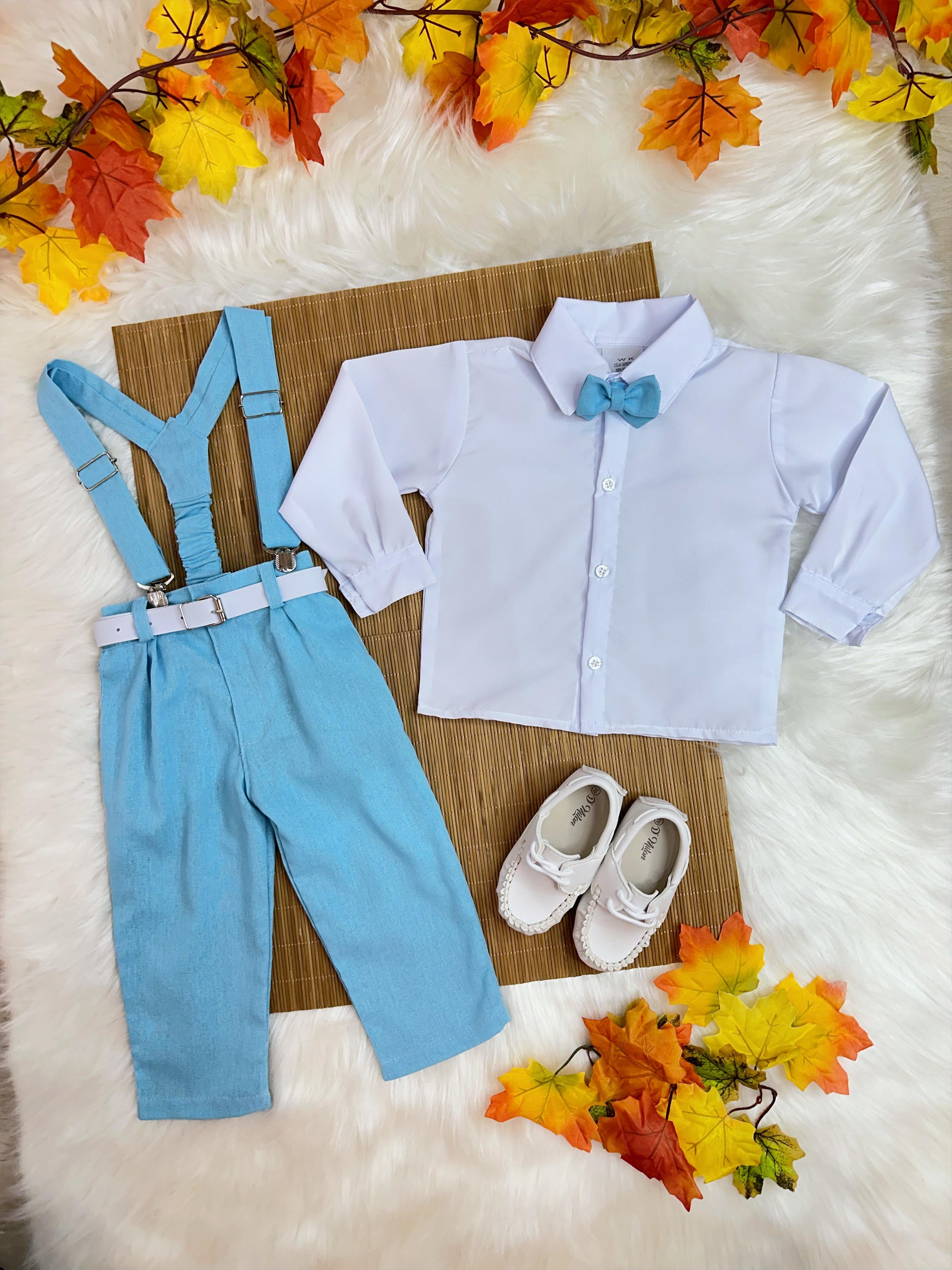 Conjunto Infantil Camisa Branca C/ Calça Susp. e Gravata Azul