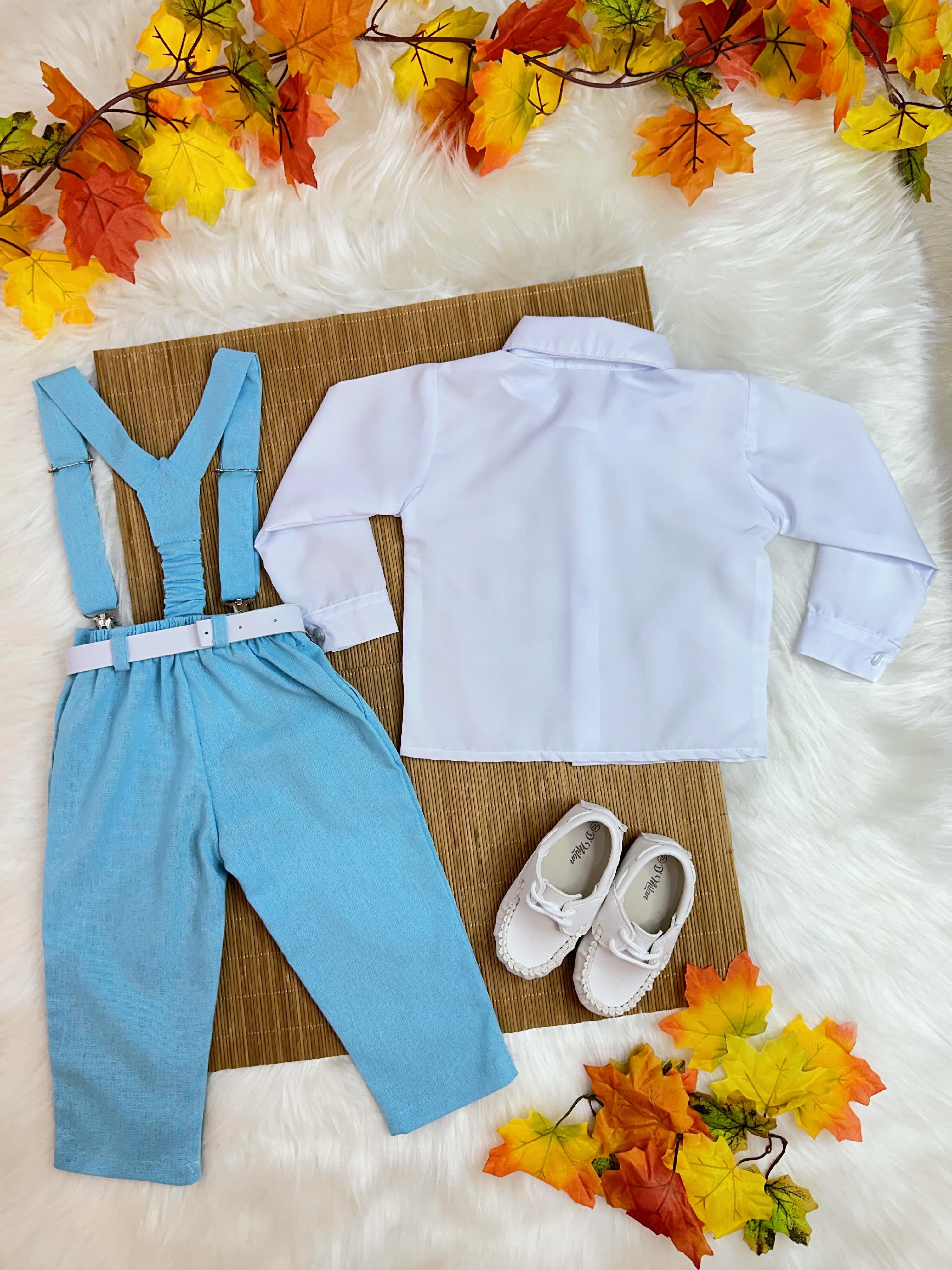 Conjunto Infantil Camisa Branca C/ Calça Susp. e Gravata Azul