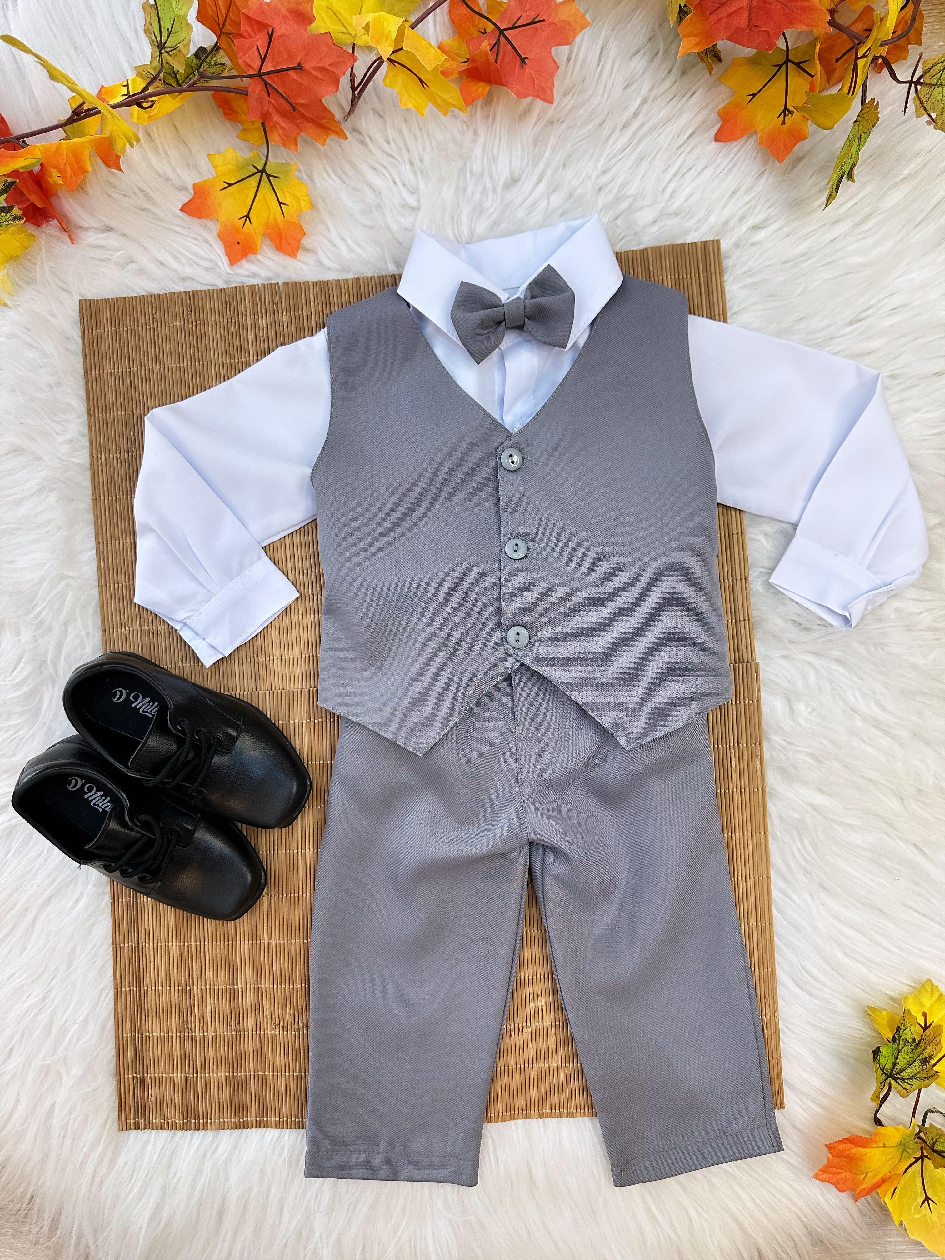 Conjunto Infantil Camisa Branca Calça Colete e Gravata Cinza