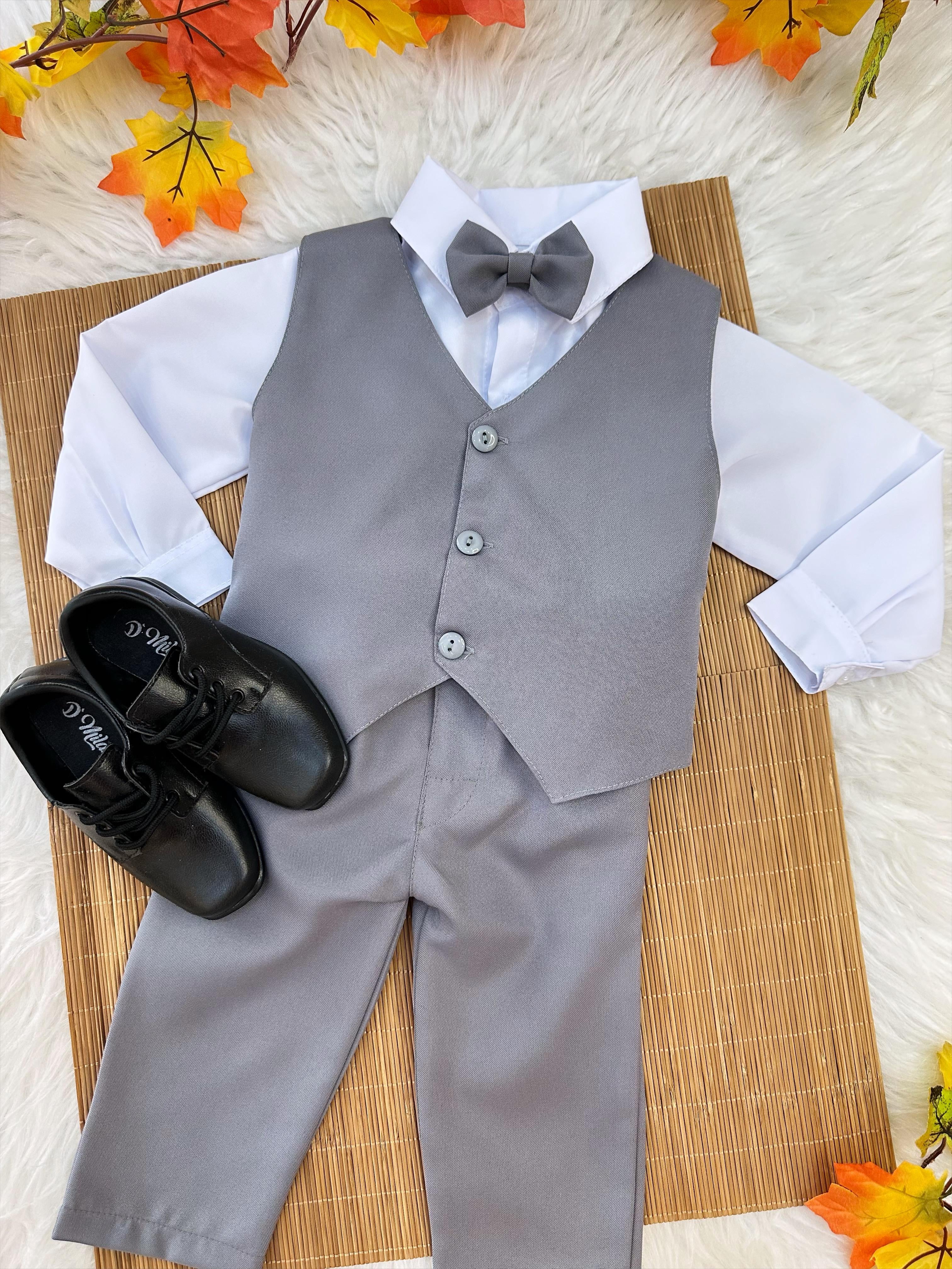 Conjunto Infantil Camisa Branca Calça Colete e Gravata Cinza