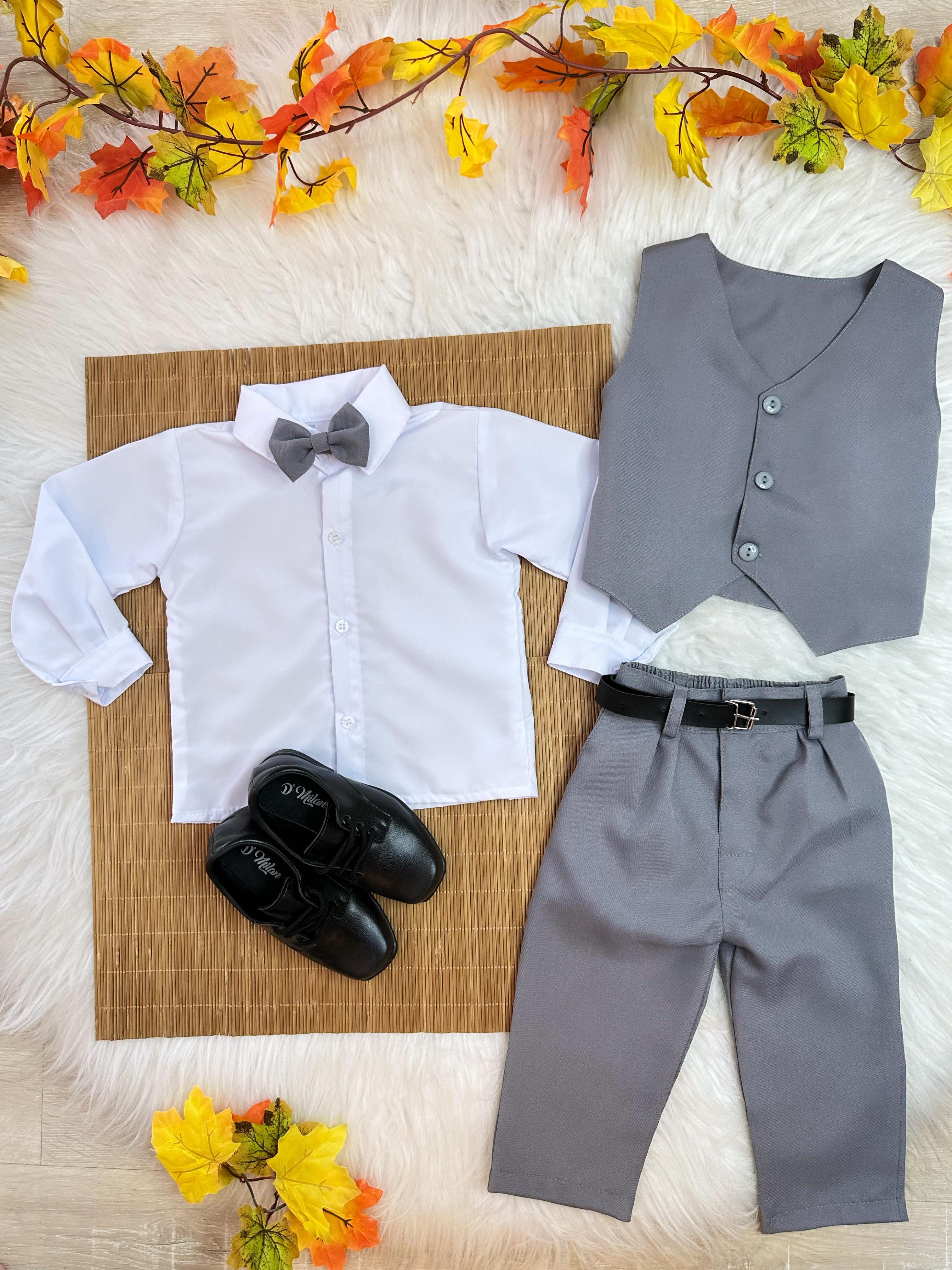 Conjunto Infantil Camisa Branca Calça Colete e Gravata Cinza