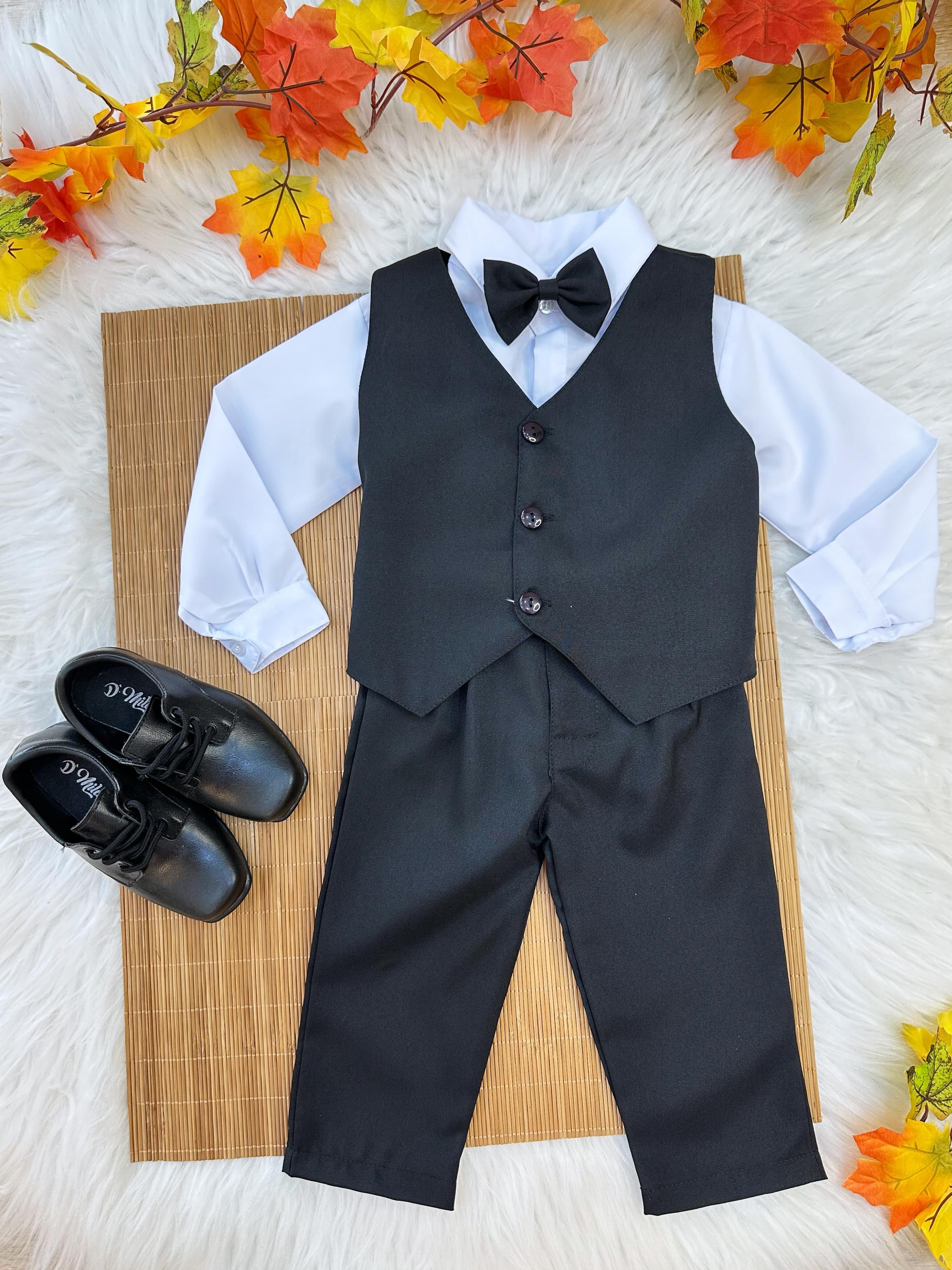 Conjunto Infantil Camisa Branca Calça Colete e Gravata Preto