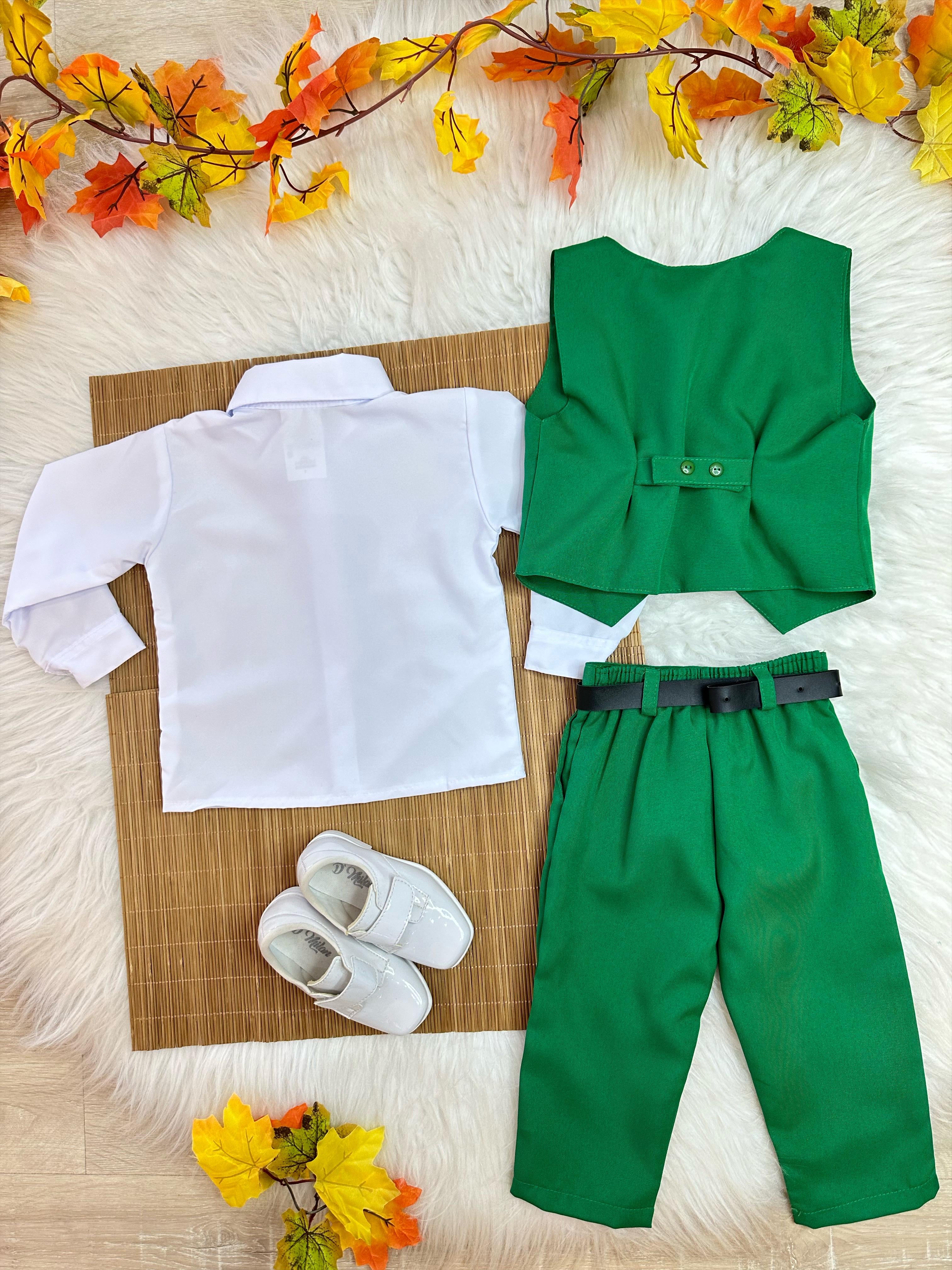 Conjunto Infantil Camisa Branca Calça Colete e Gravata Verde