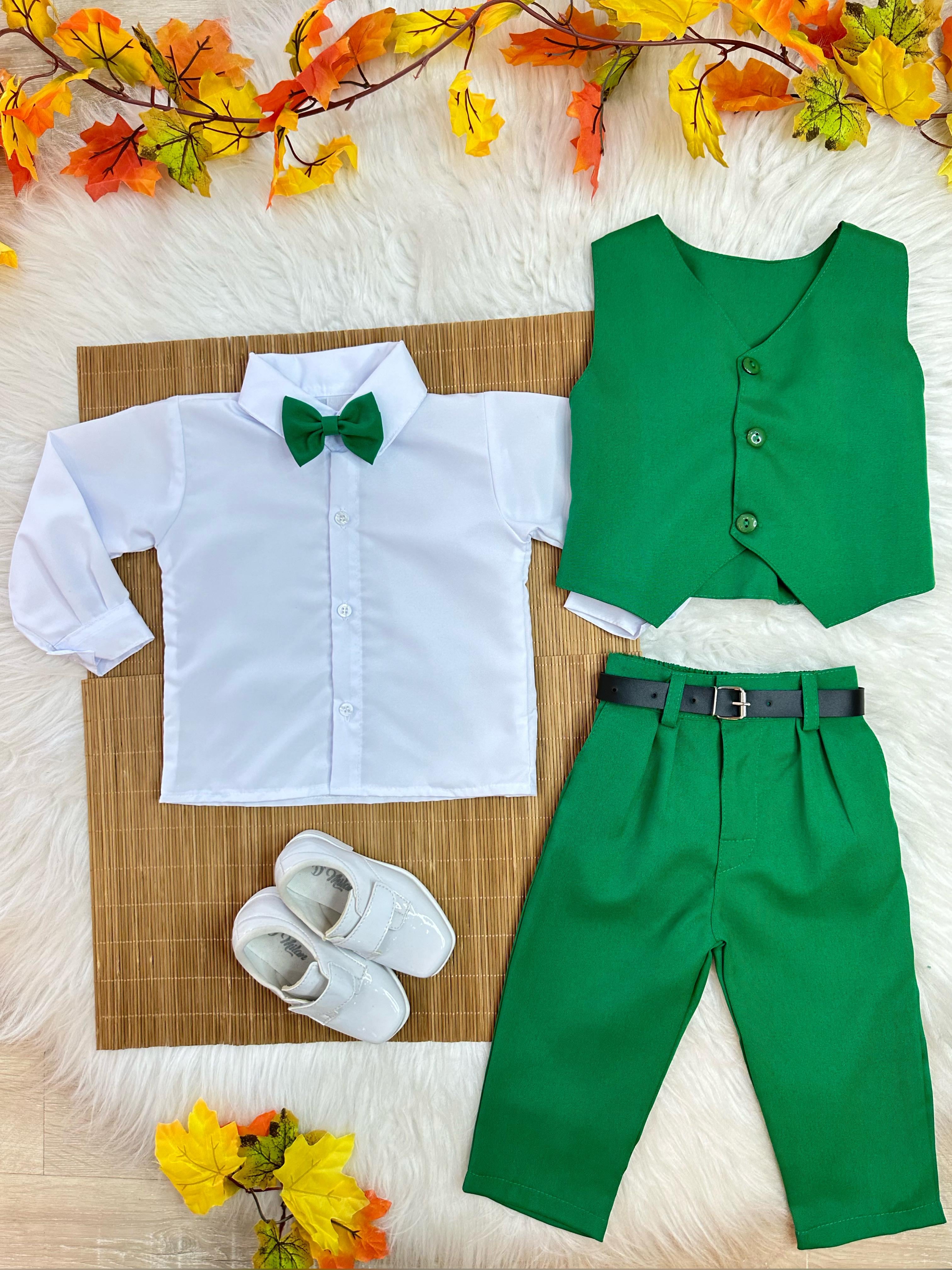 Conjunto Infantil Camisa Branca Calça Colete e Gravata Verde