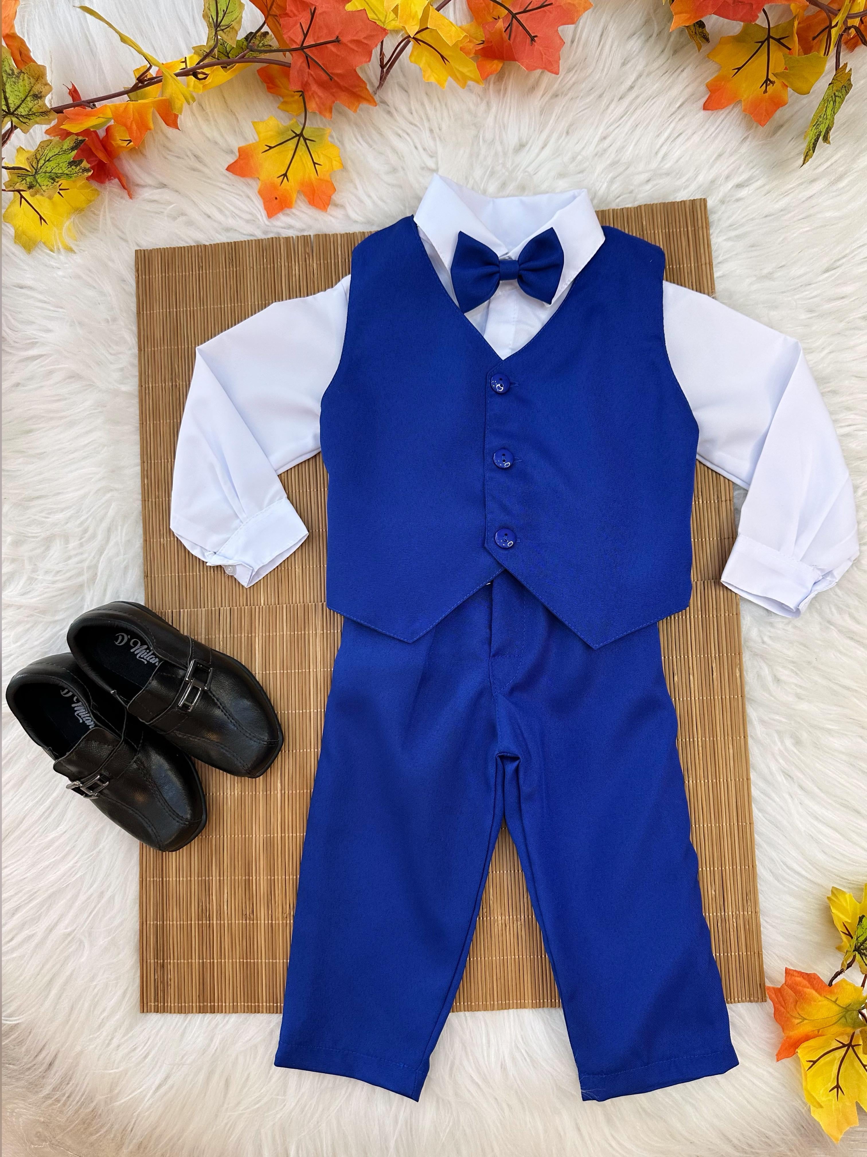 Conjunto Infantil Camisa Branca Calça Colete Grav. Azul Royal