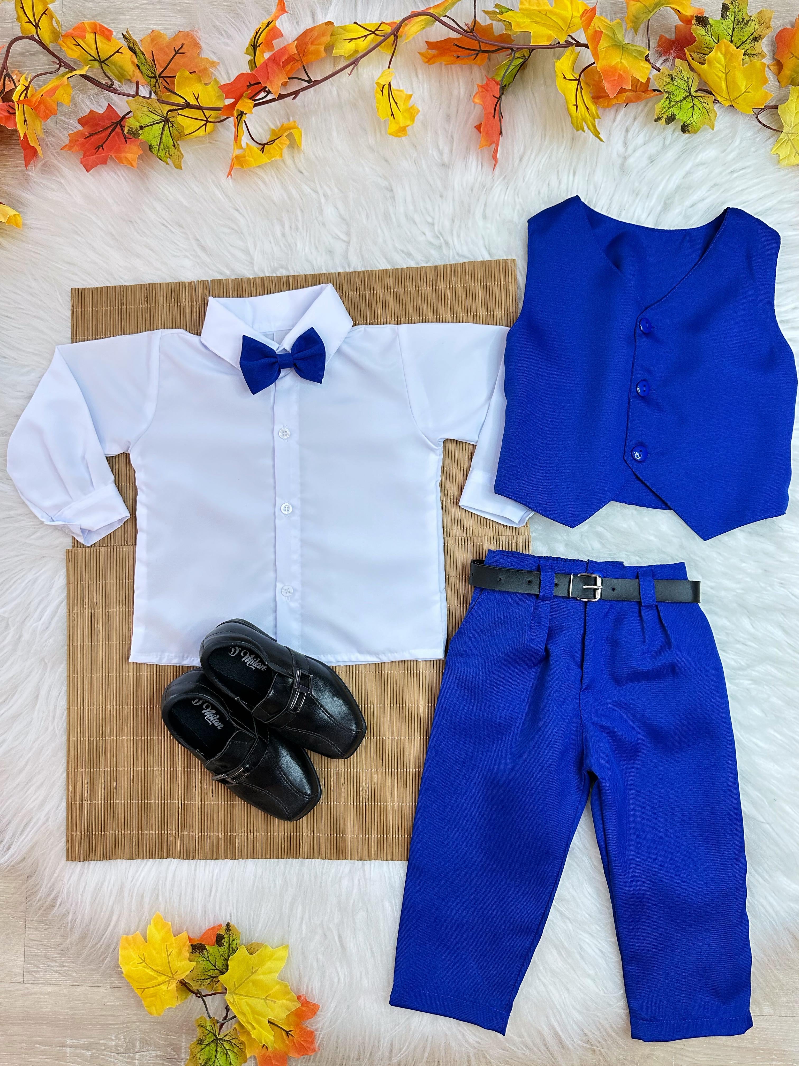 Conjunto Infantil Camisa Branca Calça Colete Grav. Azul Royal