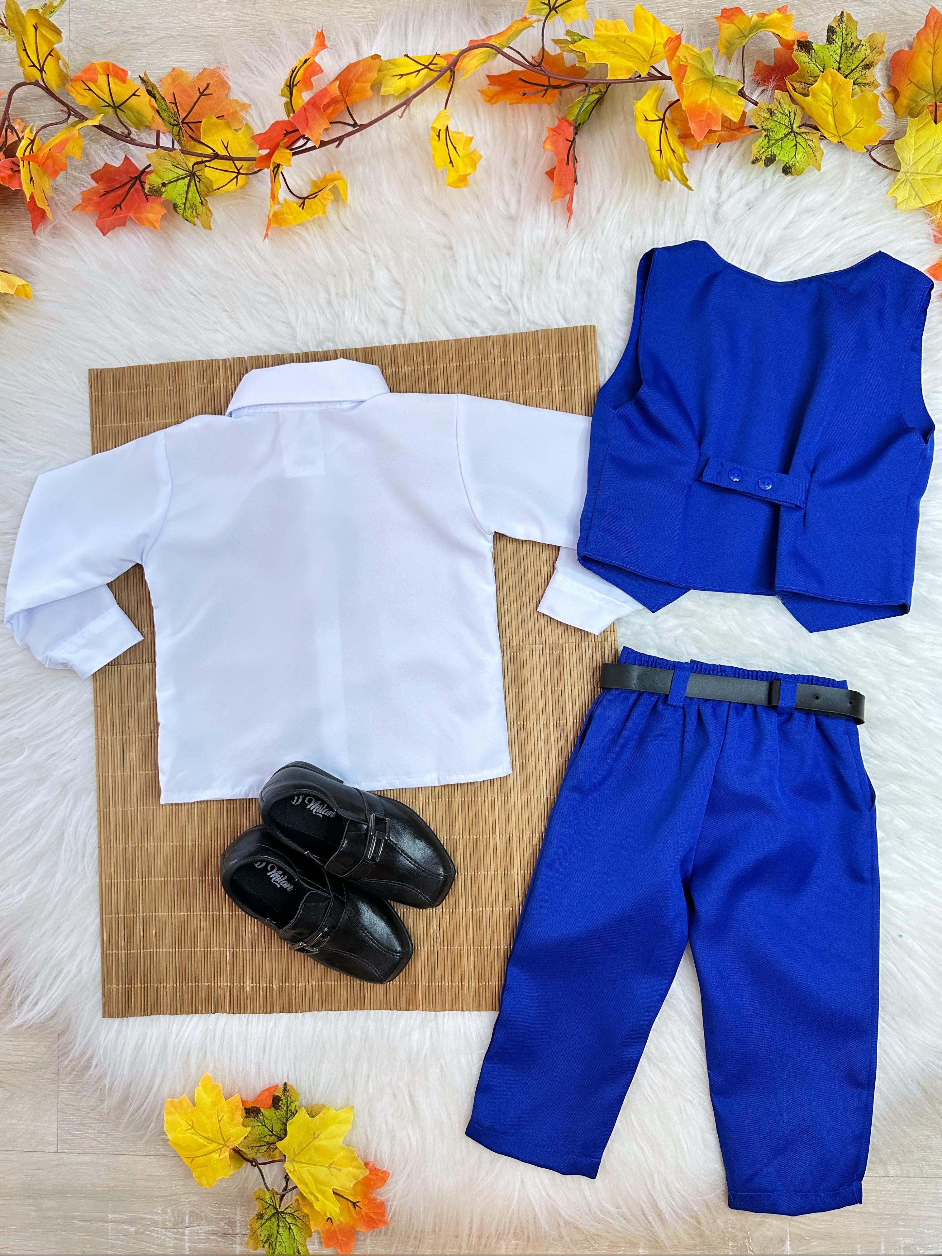 Conjunto Infantil Camisa Branca Calça Colete Grav. Azul Royal