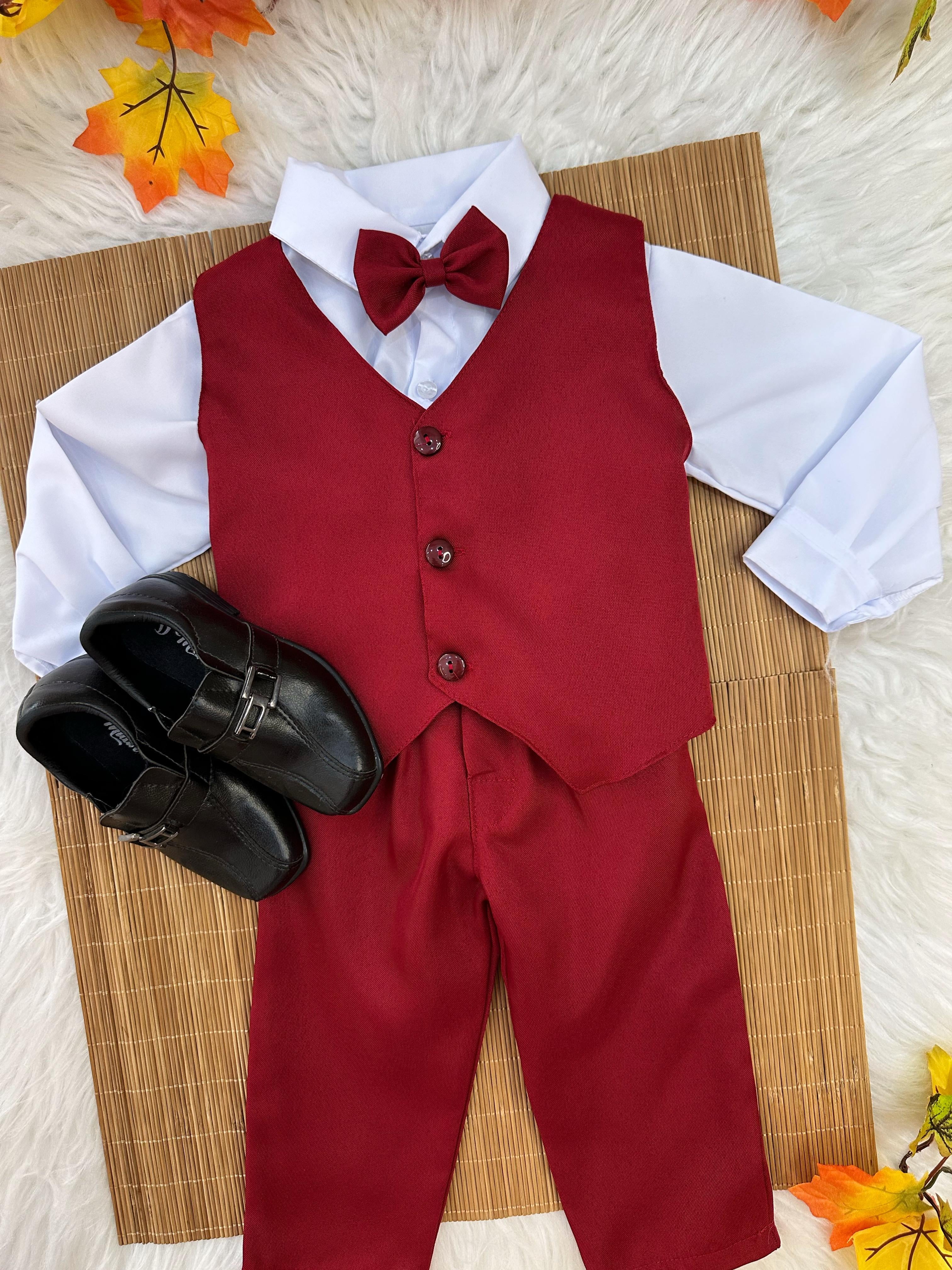 Conjunto Infantil Camisa Branca Calça Colete Gravata Marsala
