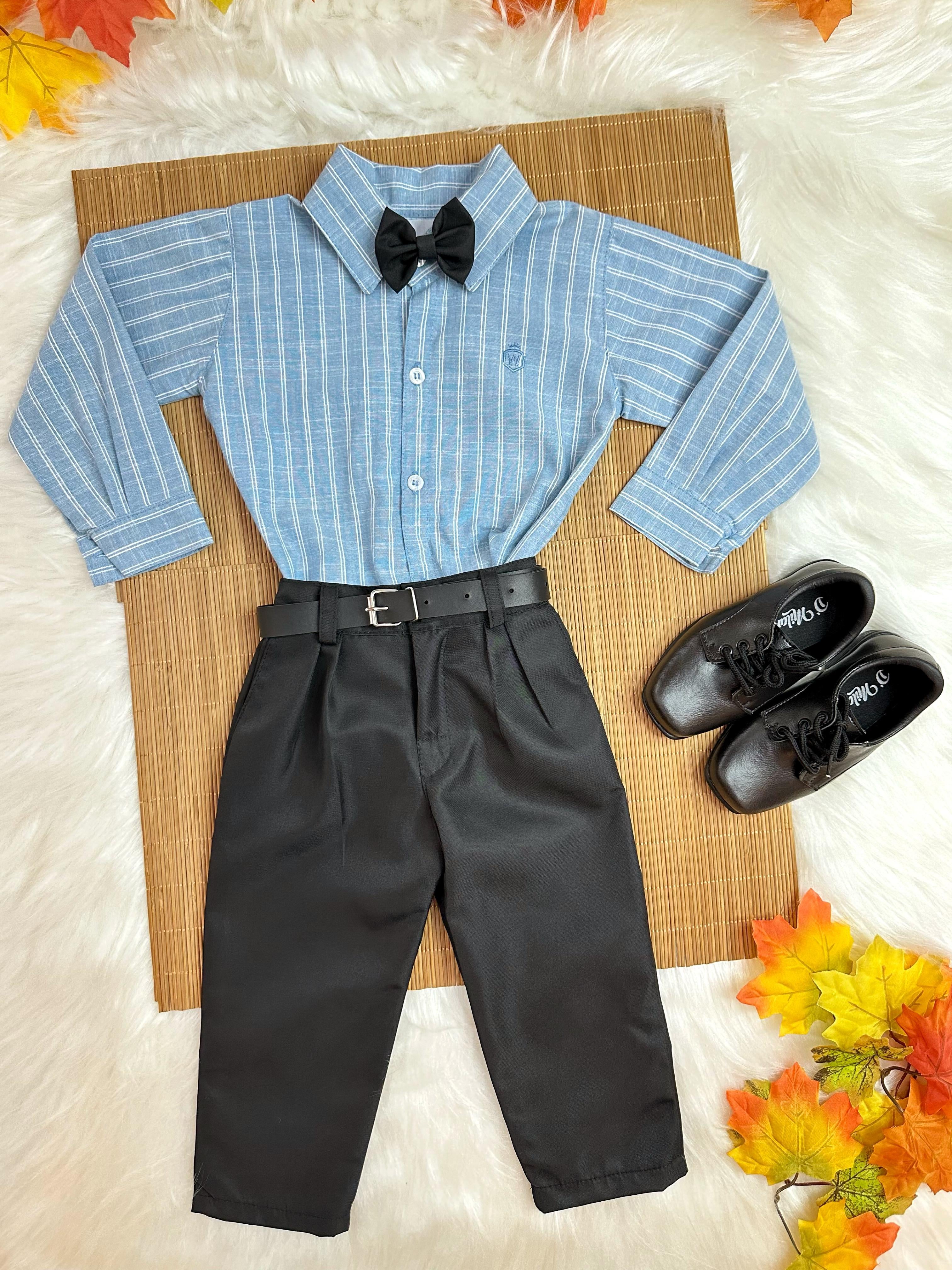 Conjunto Infantil Camisa Listrada Azul e Calça Preta Cinto