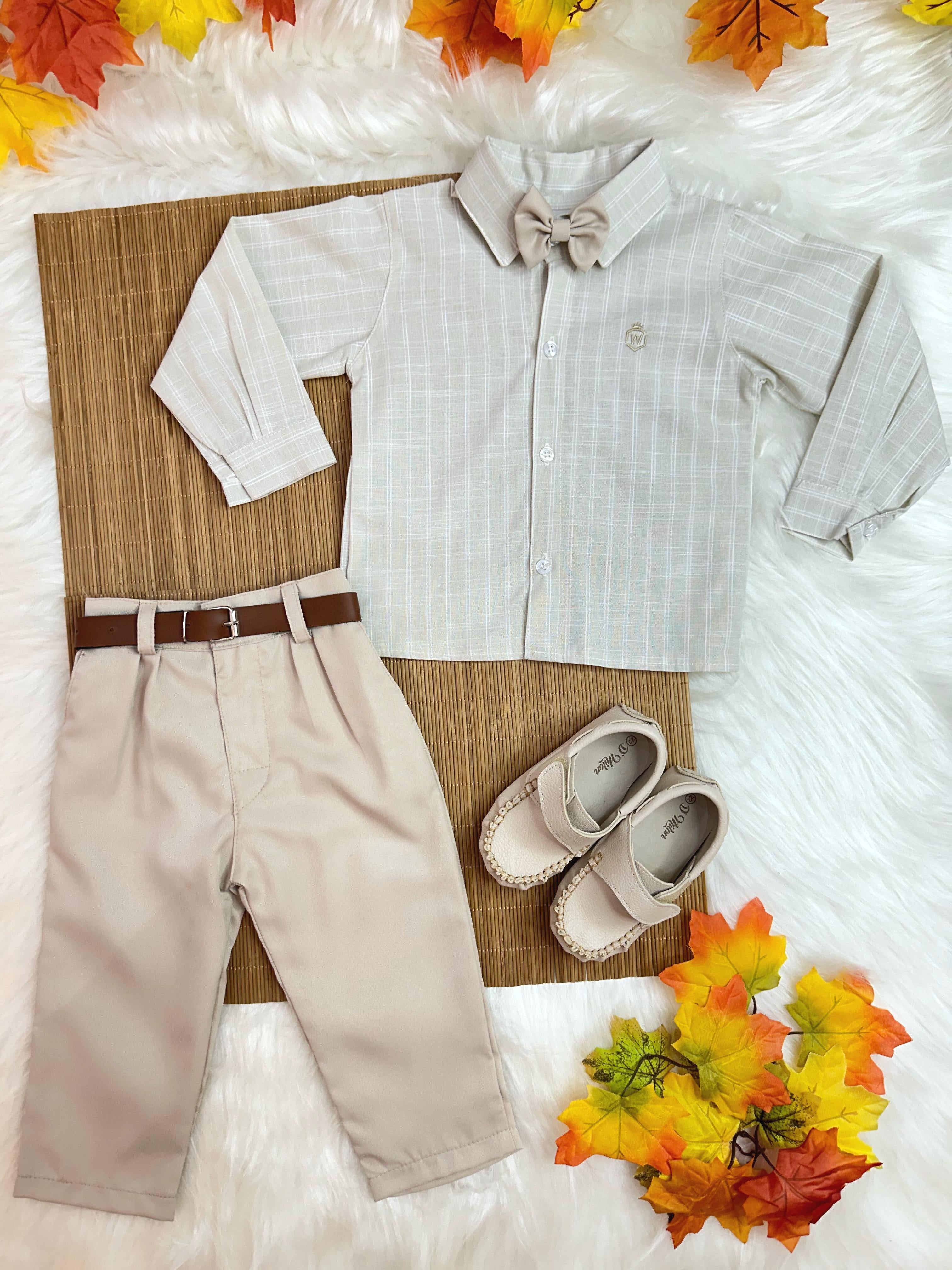 Conjunto Infantil Camisa Listrada e Calça Bege C/ Cinto