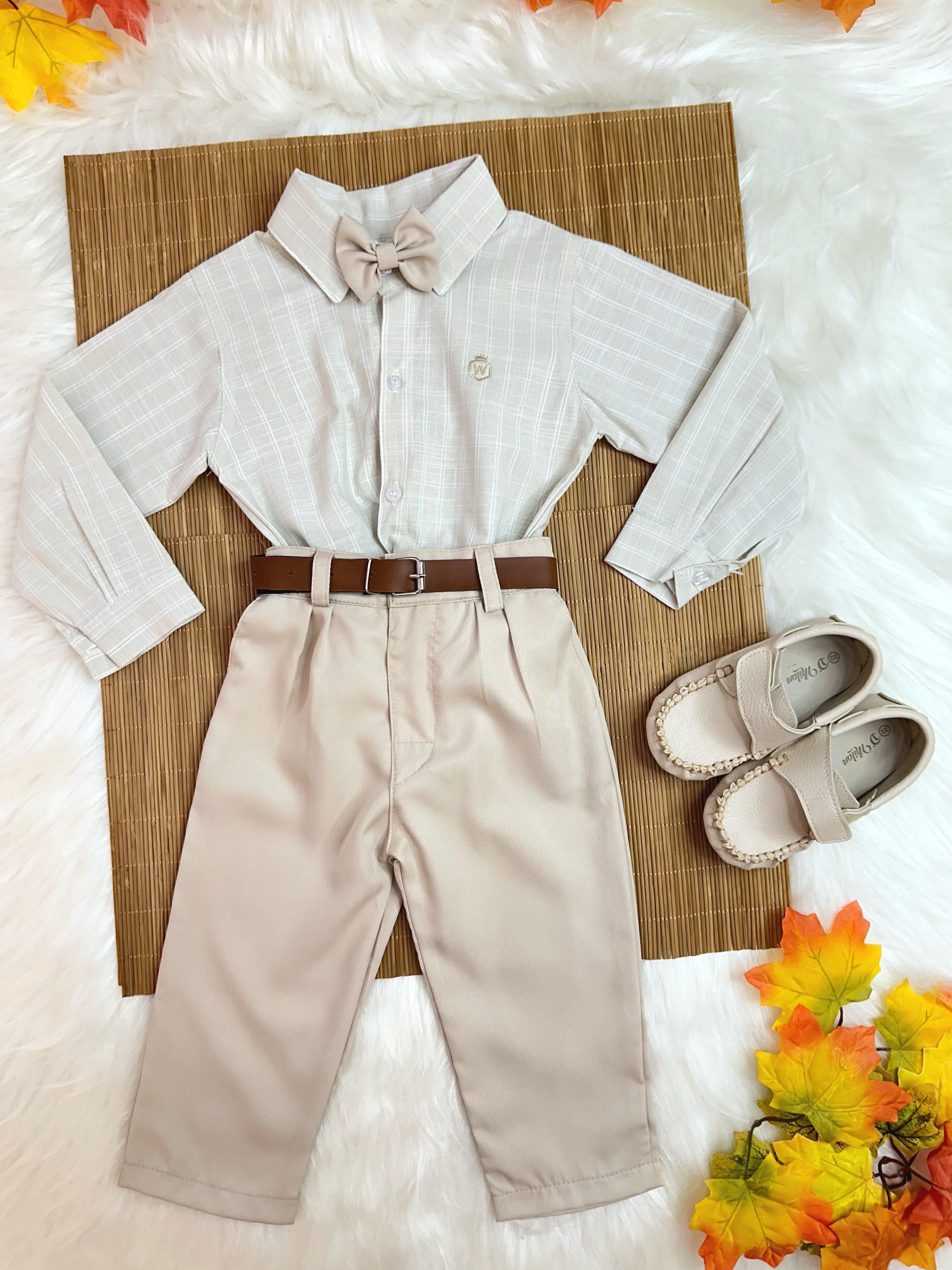 Conjunto Infantil Camisa Listrada e Calça Bege C/ Cinto