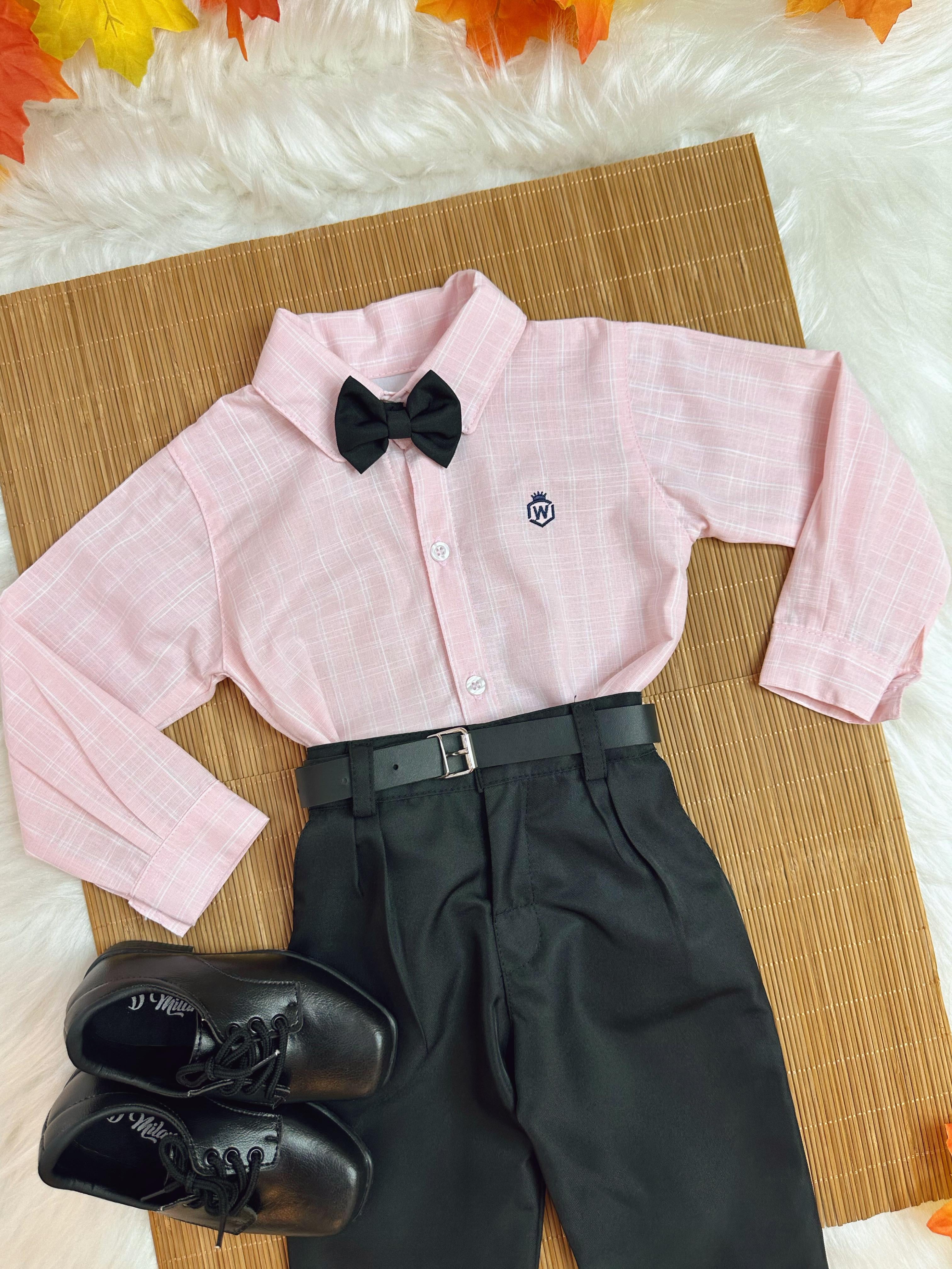 Conjunto Infantil Camisa Listrada Salmão e Calça Preta Cinto