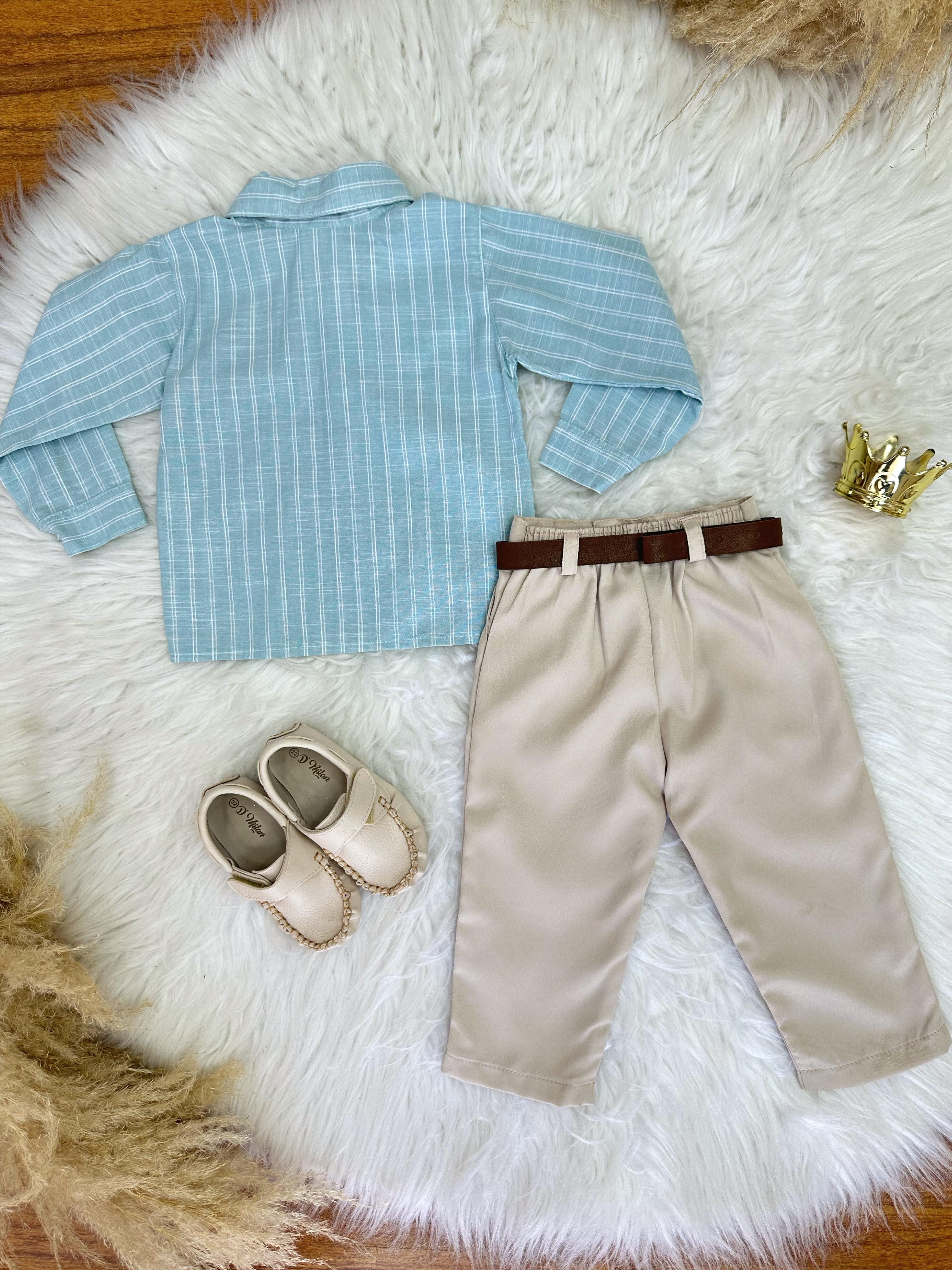 Conjunto Infantil Camisa Listrada Verde e Calça Bege Cinto