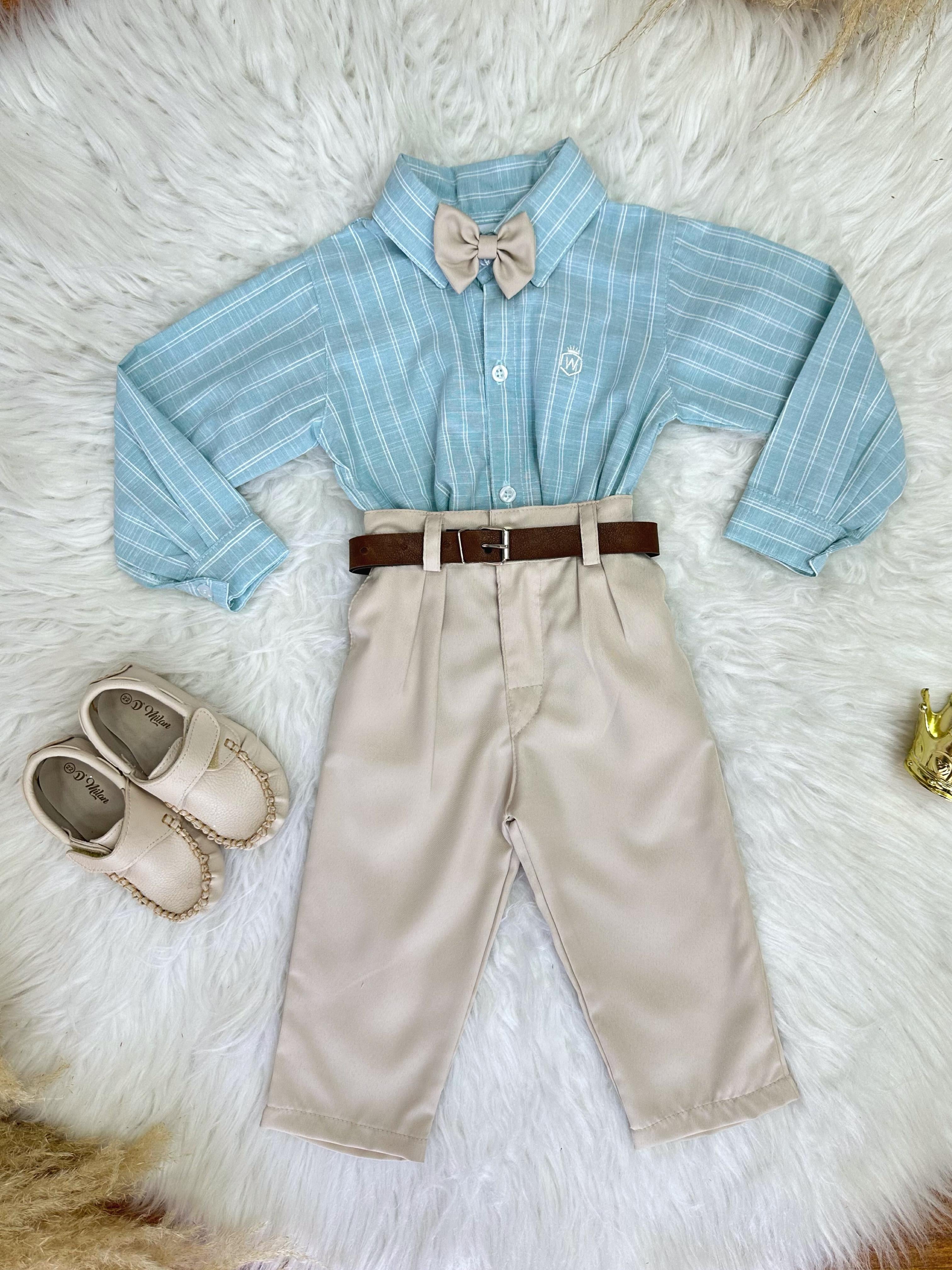 Conjunto Infantil Camisa Listrada Verde e Calça Bege Cinto