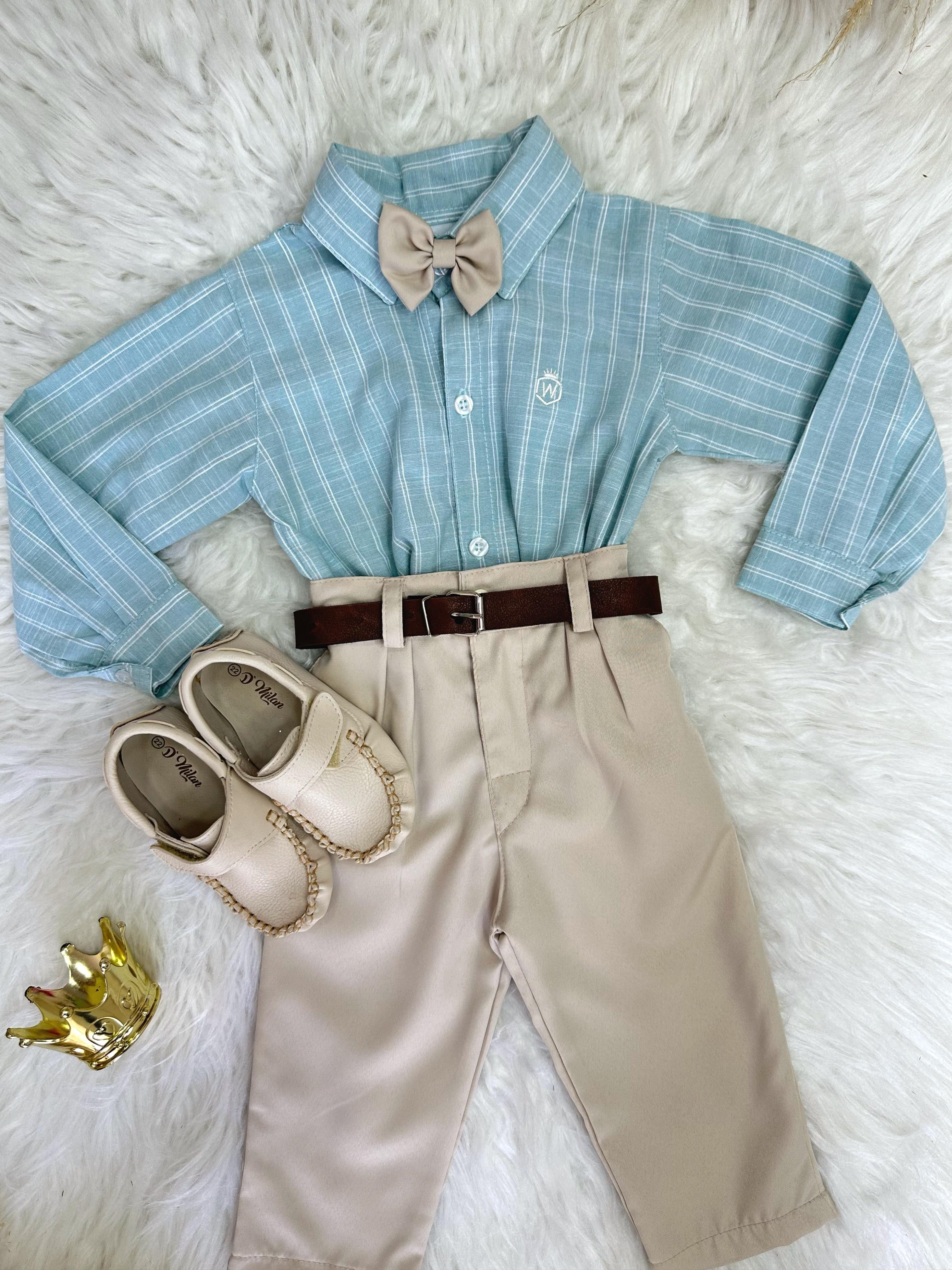 Conjunto Infantil Camisa Listrada Verde e Calça Bege Cinto