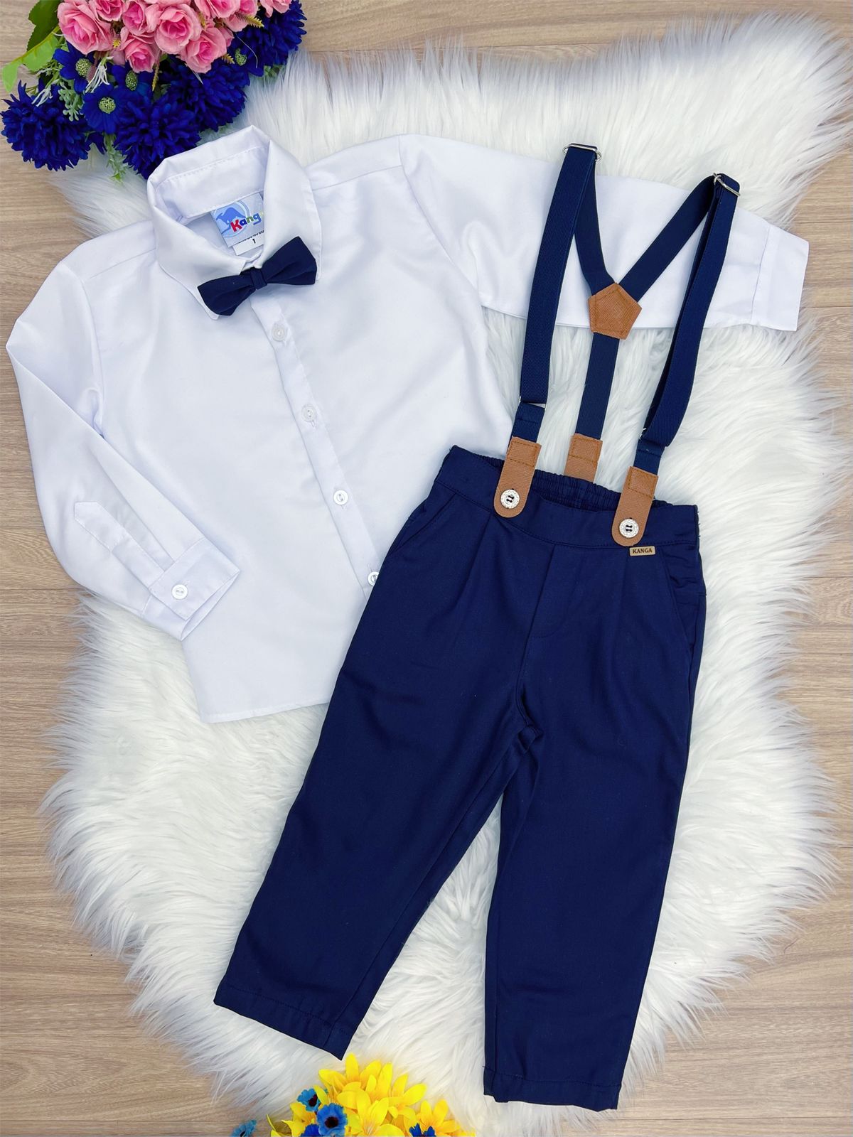 Conjunto Social Calça Camisa Gravata Susp. Azul Branco