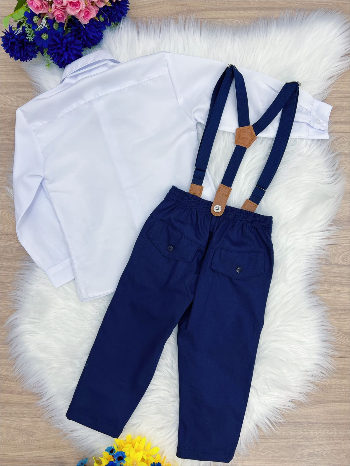Conjunto Social Calça Camisa Gravata Susp. Azul Branco