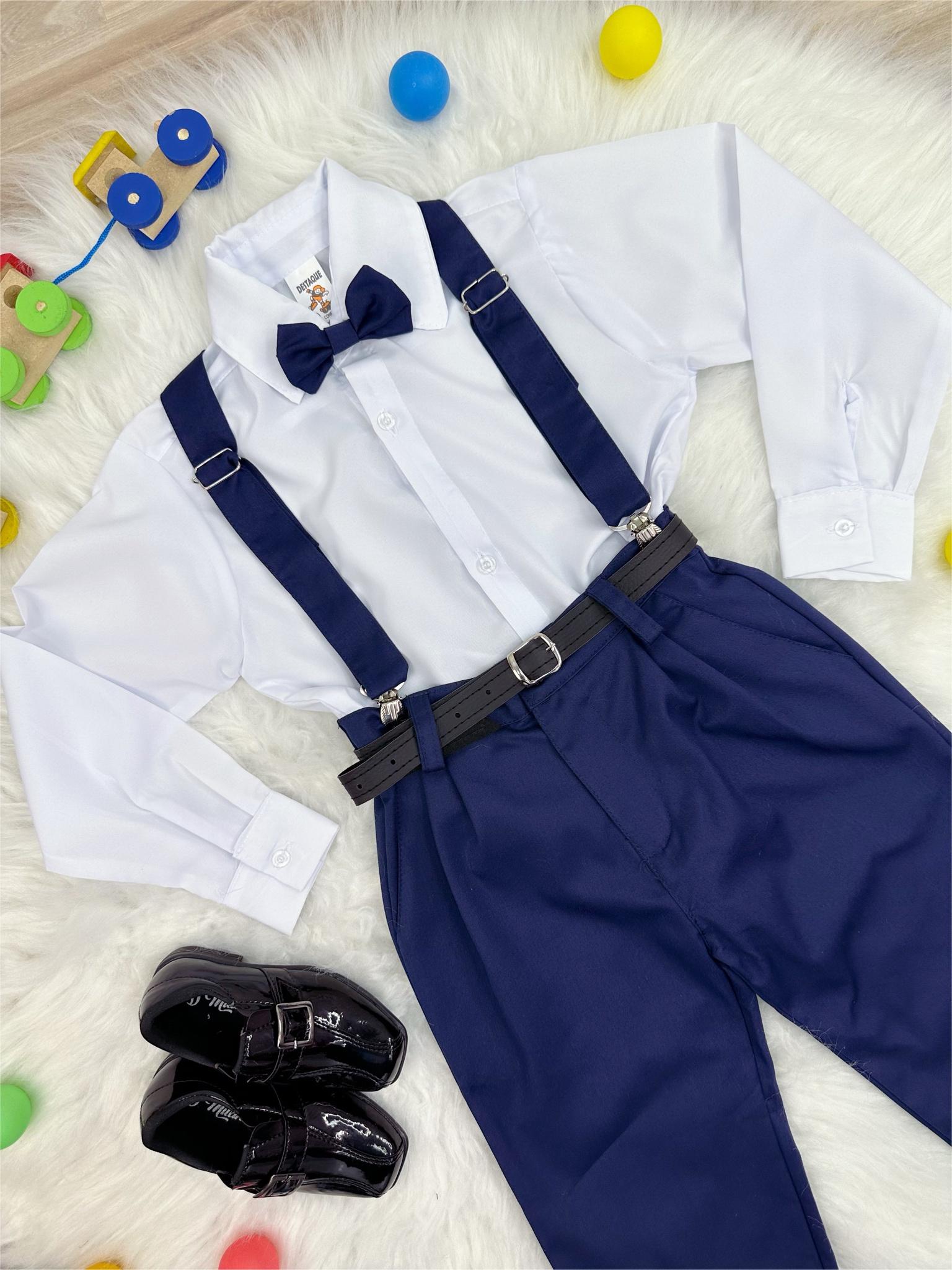 Conjunto Social Calça Gravata e Susp. Azul Mar. Camisa Branca