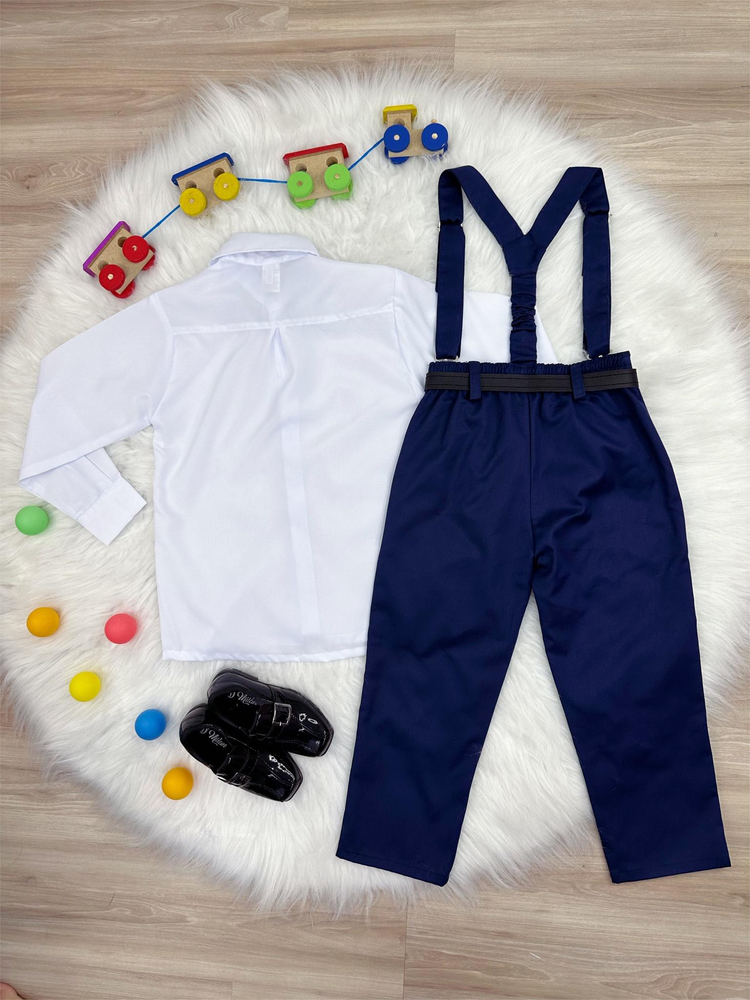 Conjunto Social Calça Gravata e Susp. Azul Mar. Camisa Branca