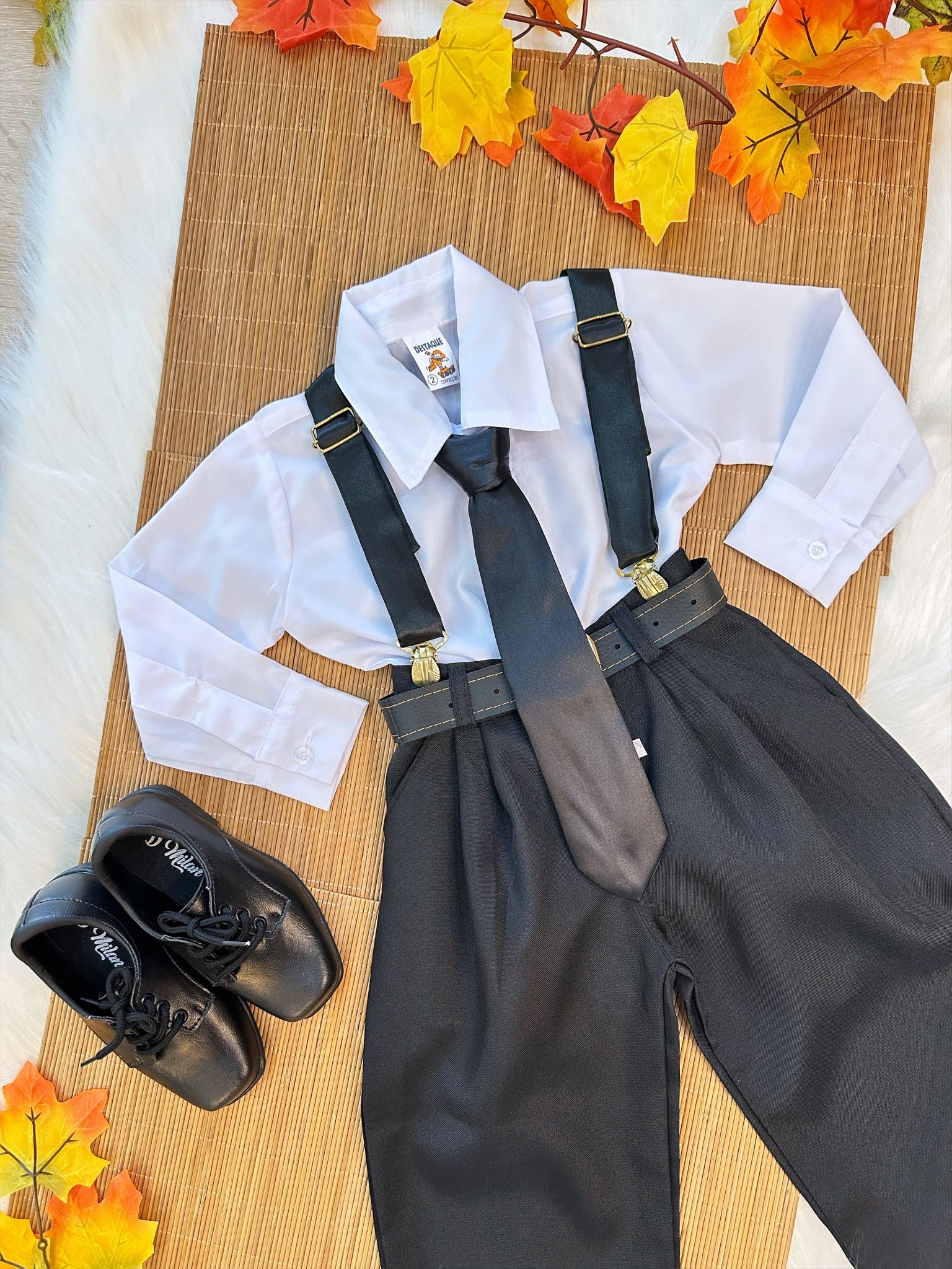 Conjunto Social Camisa Branca Calça Susp. e Gravata Preto