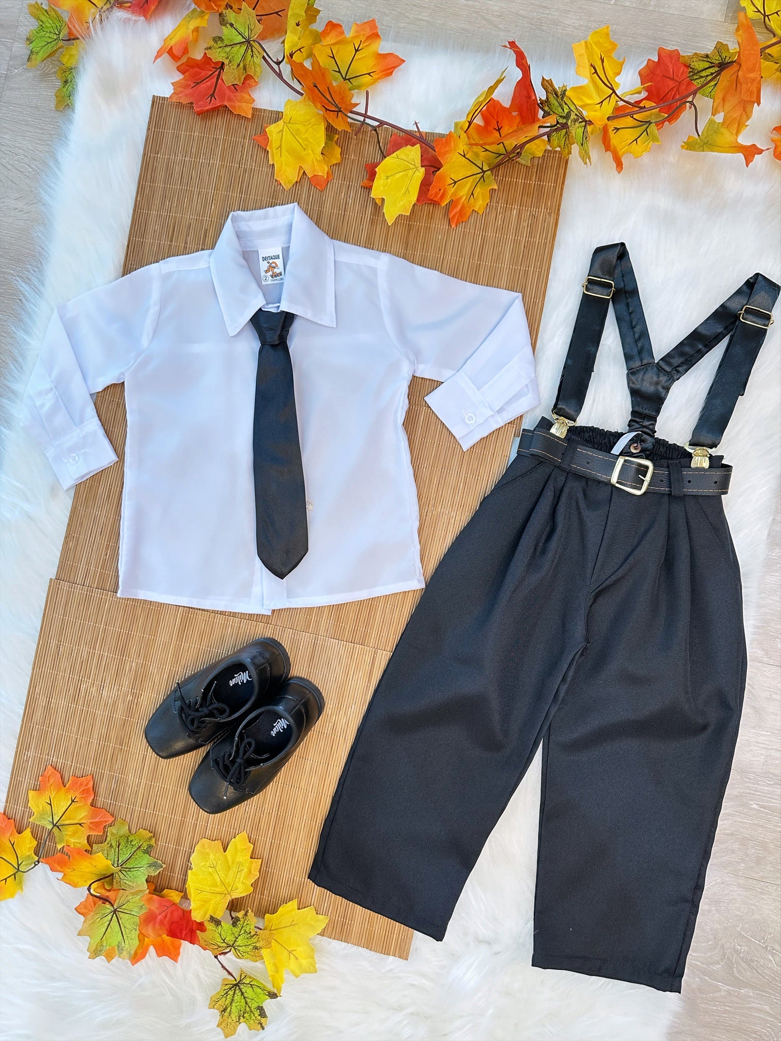 Conjunto Social Camisa Branca Calça Susp. e Gravata Preto