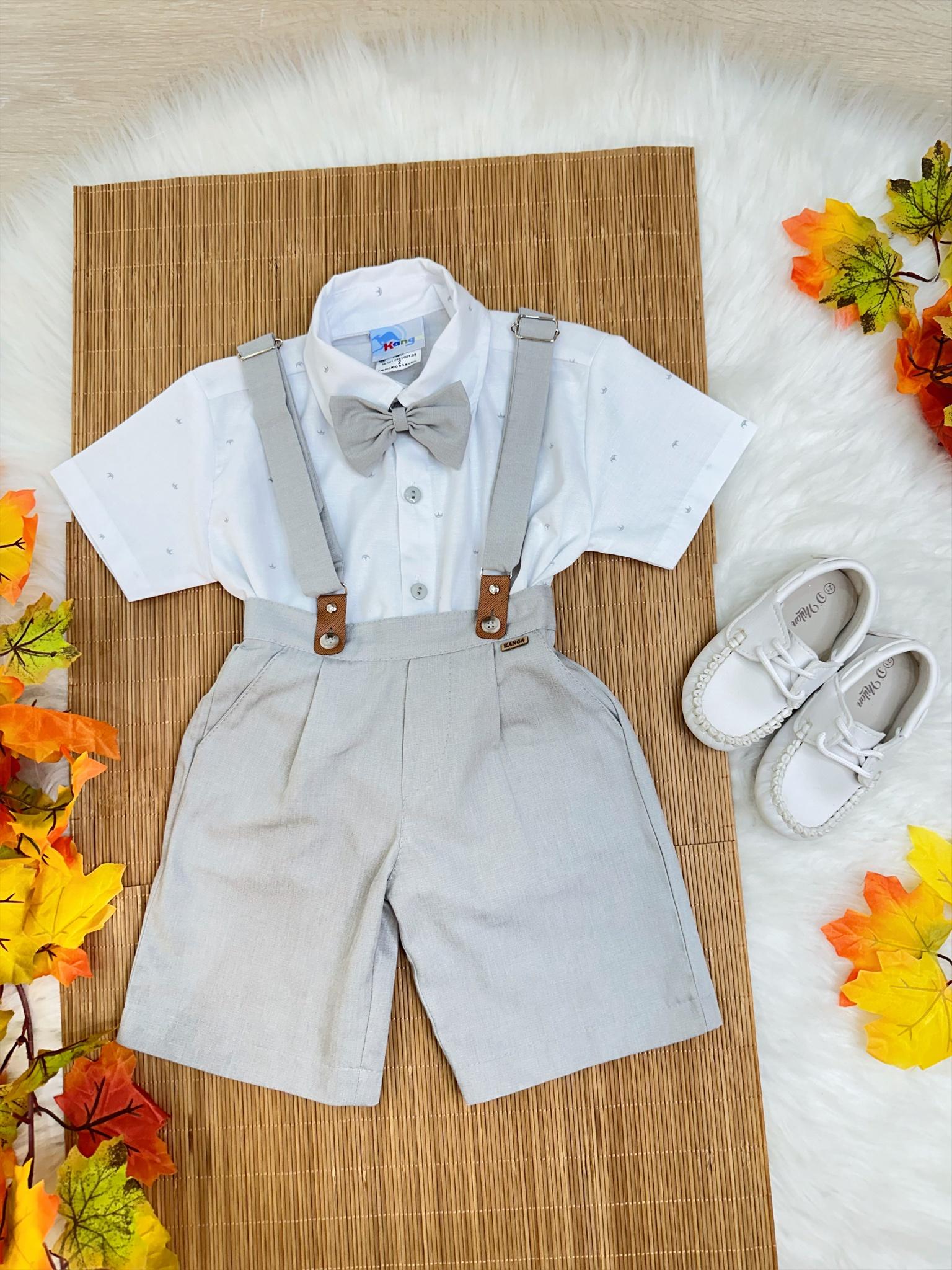 Conjunto Social Camisa Branca Com Short Gravata e Susp. Cinza