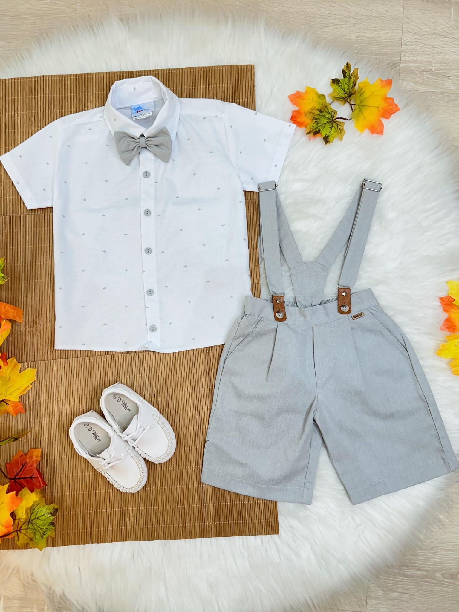 Conjunto Social Camisa Branca Com Short Gravata e Susp. Cinza