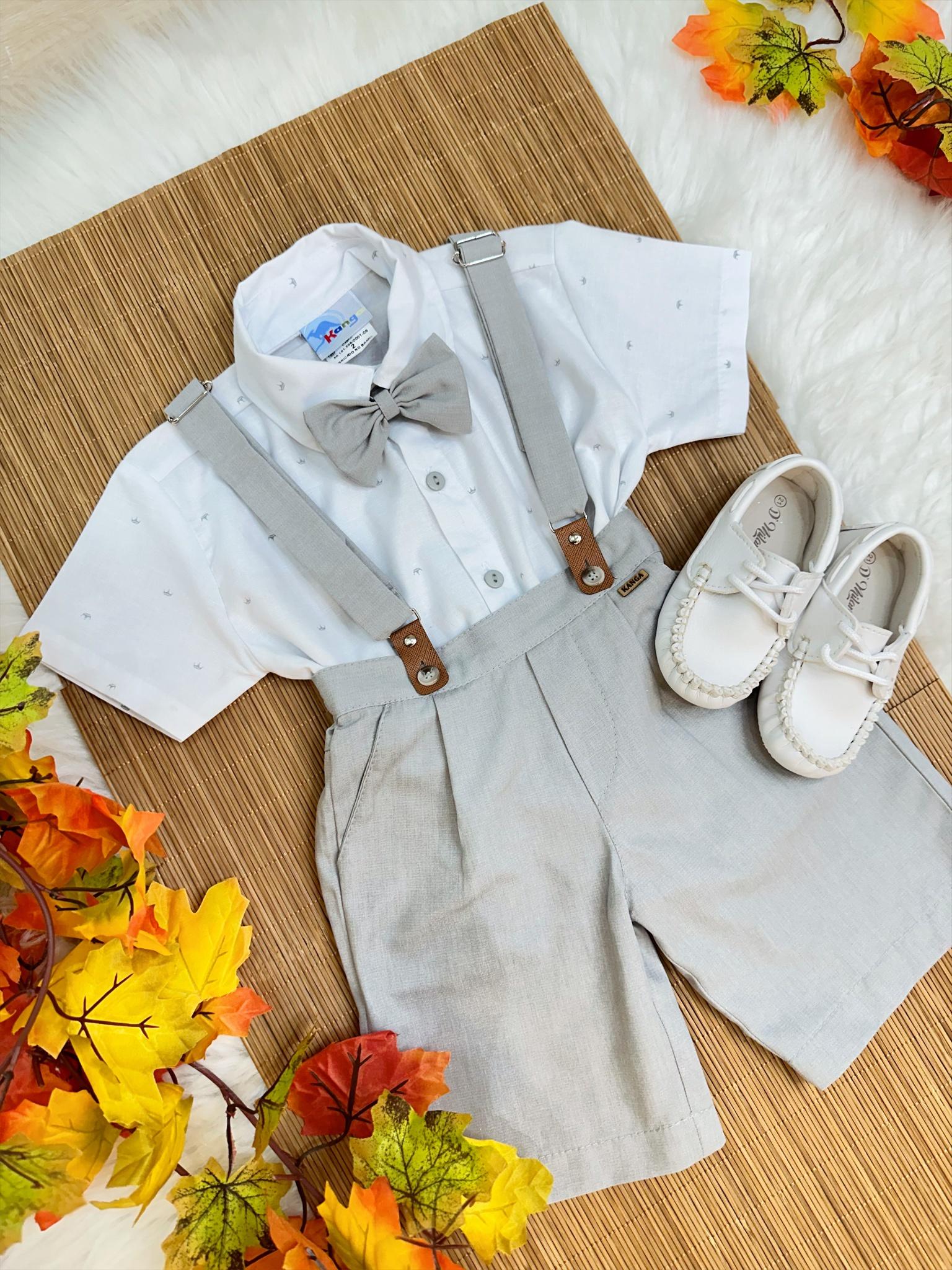 Conjunto Social Camisa Branca Com Short Gravata e Susp. Cinza