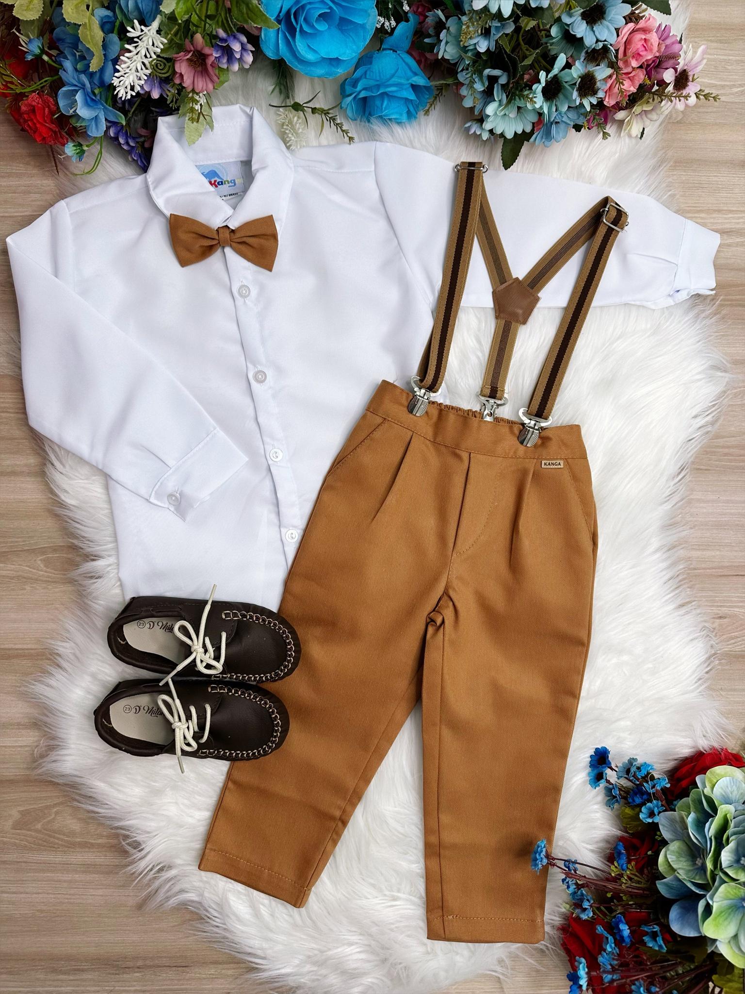 Conjunto Social Camisa Branco e Calça Gravata Susp. Caramelo