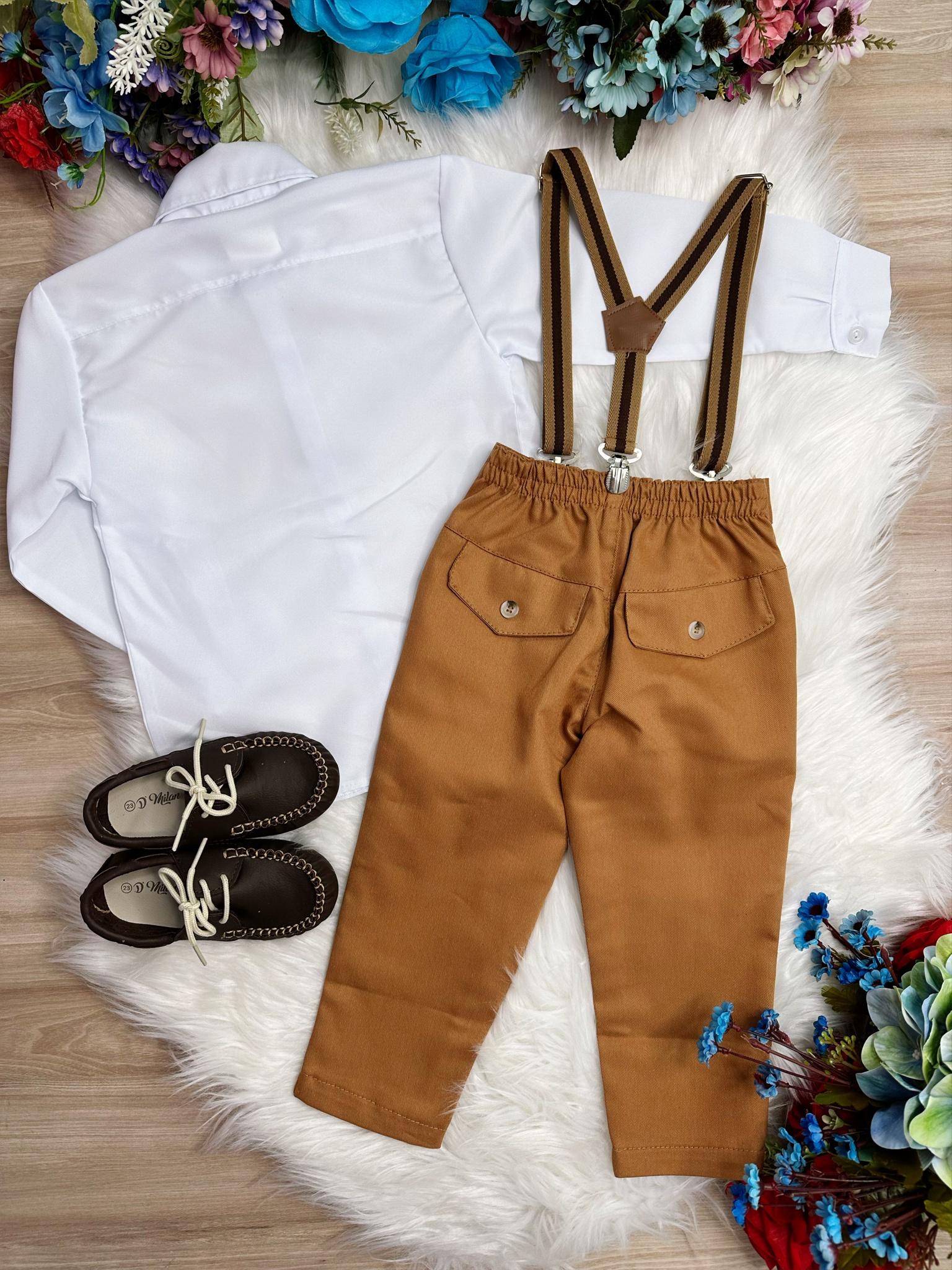 Conjunto Social Camisa Branco e Calça Gravata Susp. Caramelo