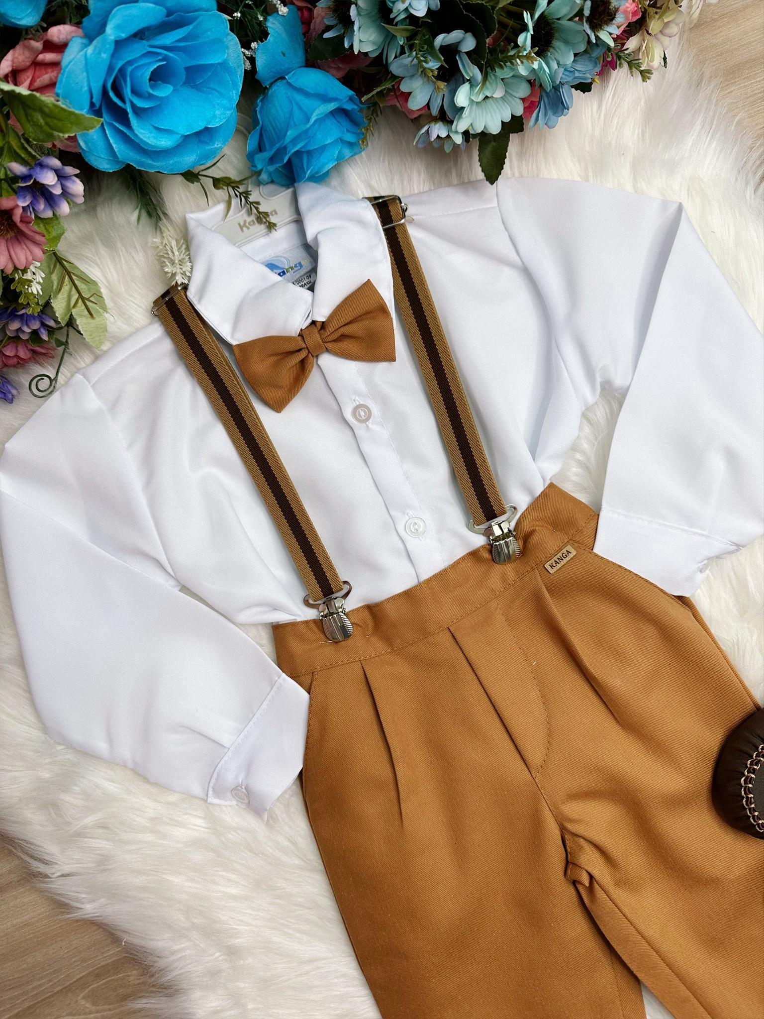 Conjunto Social Camisa Branco e Calça Gravata Susp. Caramelo