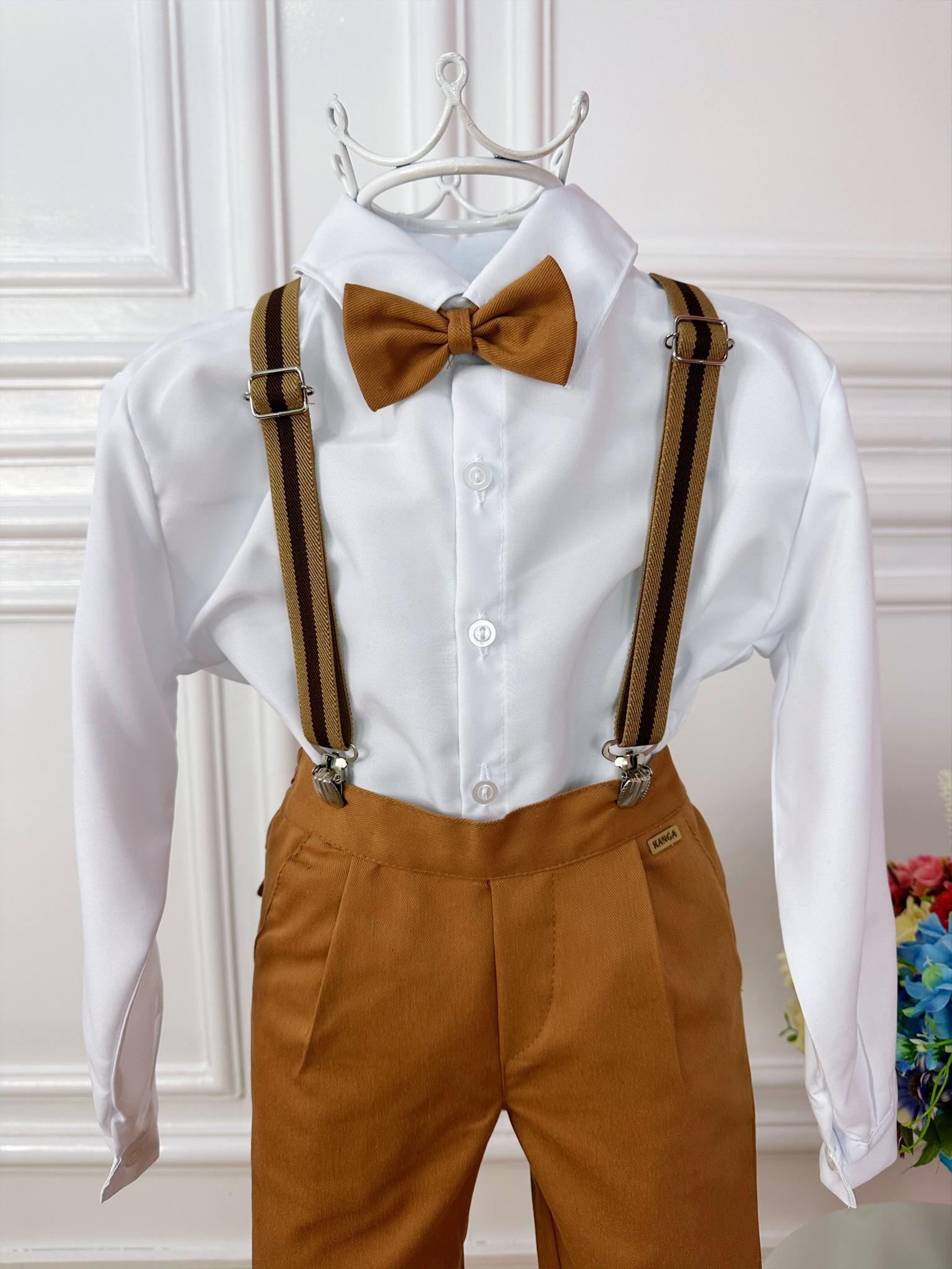 Conjunto Social Camisa Branco e Calça Gravata Susp. Caramelo