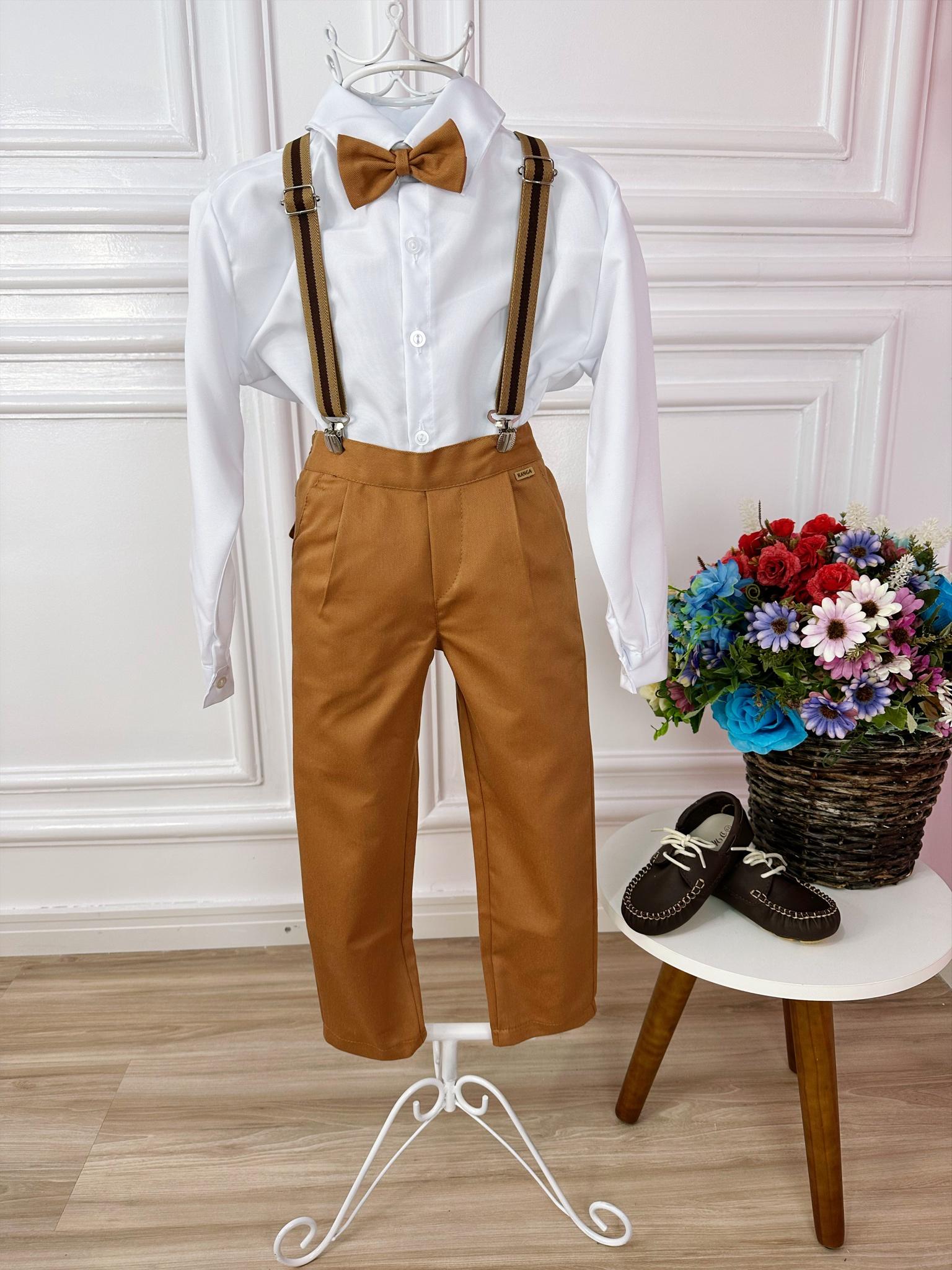 Conjunto Social Camisa Branco e Calça Gravata Susp. Caramelo