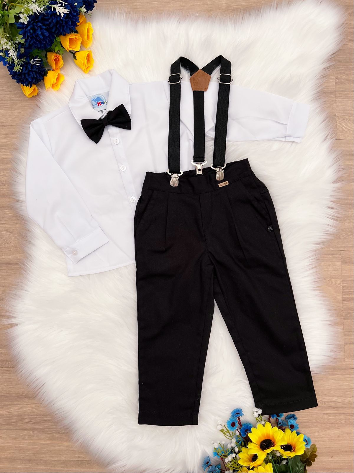 Conjunto Social Camisa Branco e Calça Gravata Susp. Preto