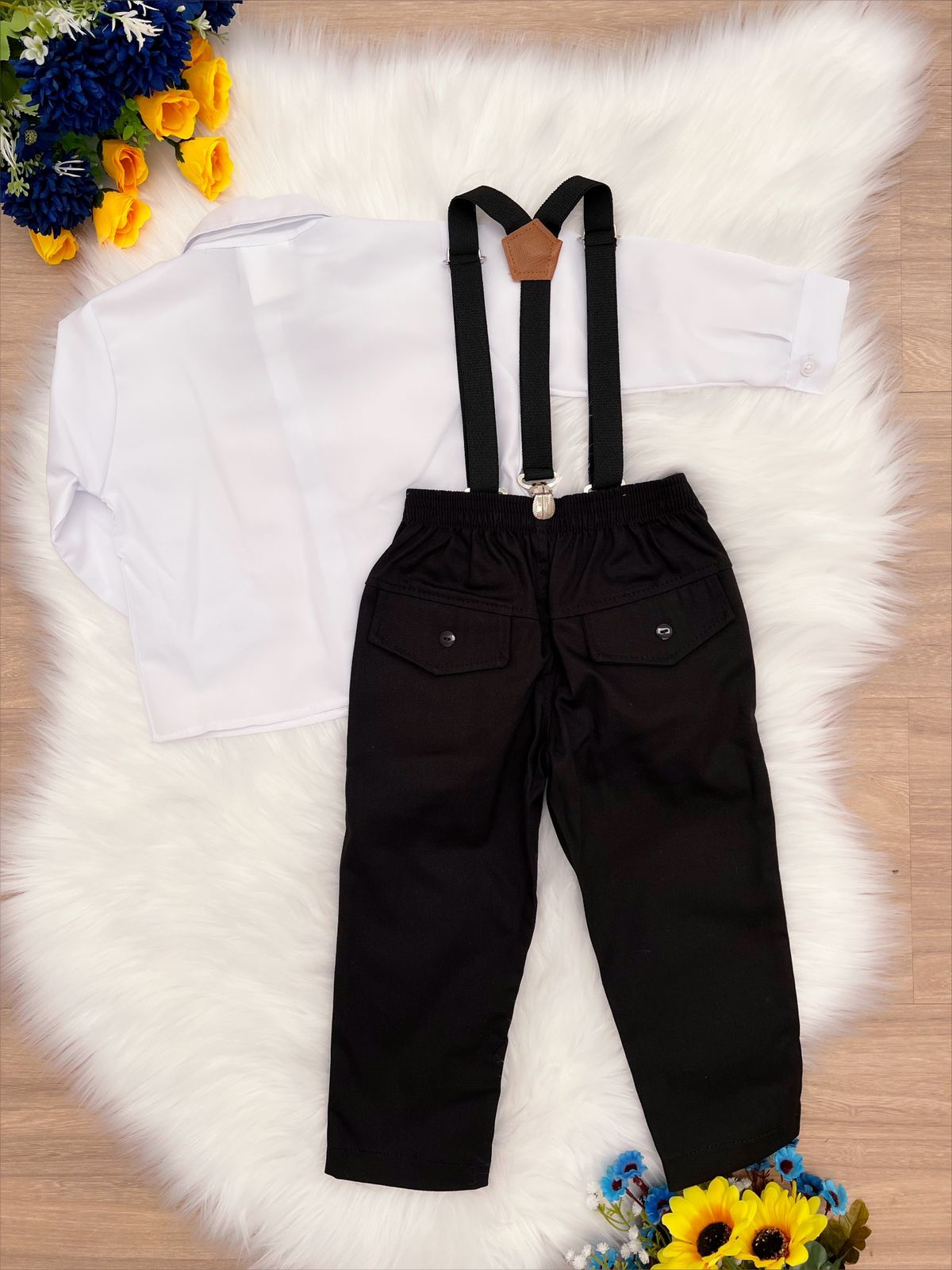 Conjunto Social Camisa Branco e Calça Gravata Susp. Preto